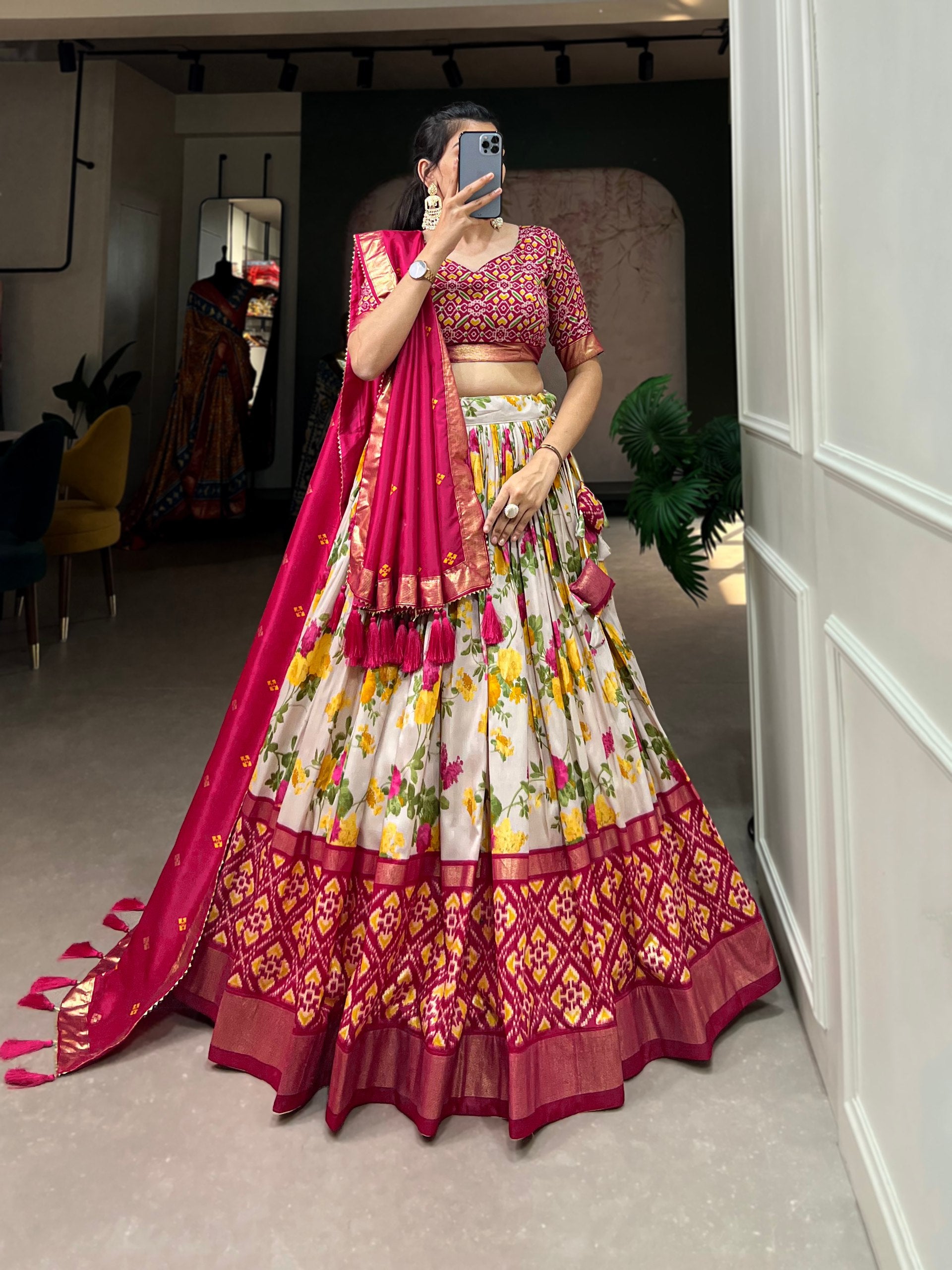 Floral Print Lehenga Choli Set with Geometric Blouse and Zari Border Dupatta