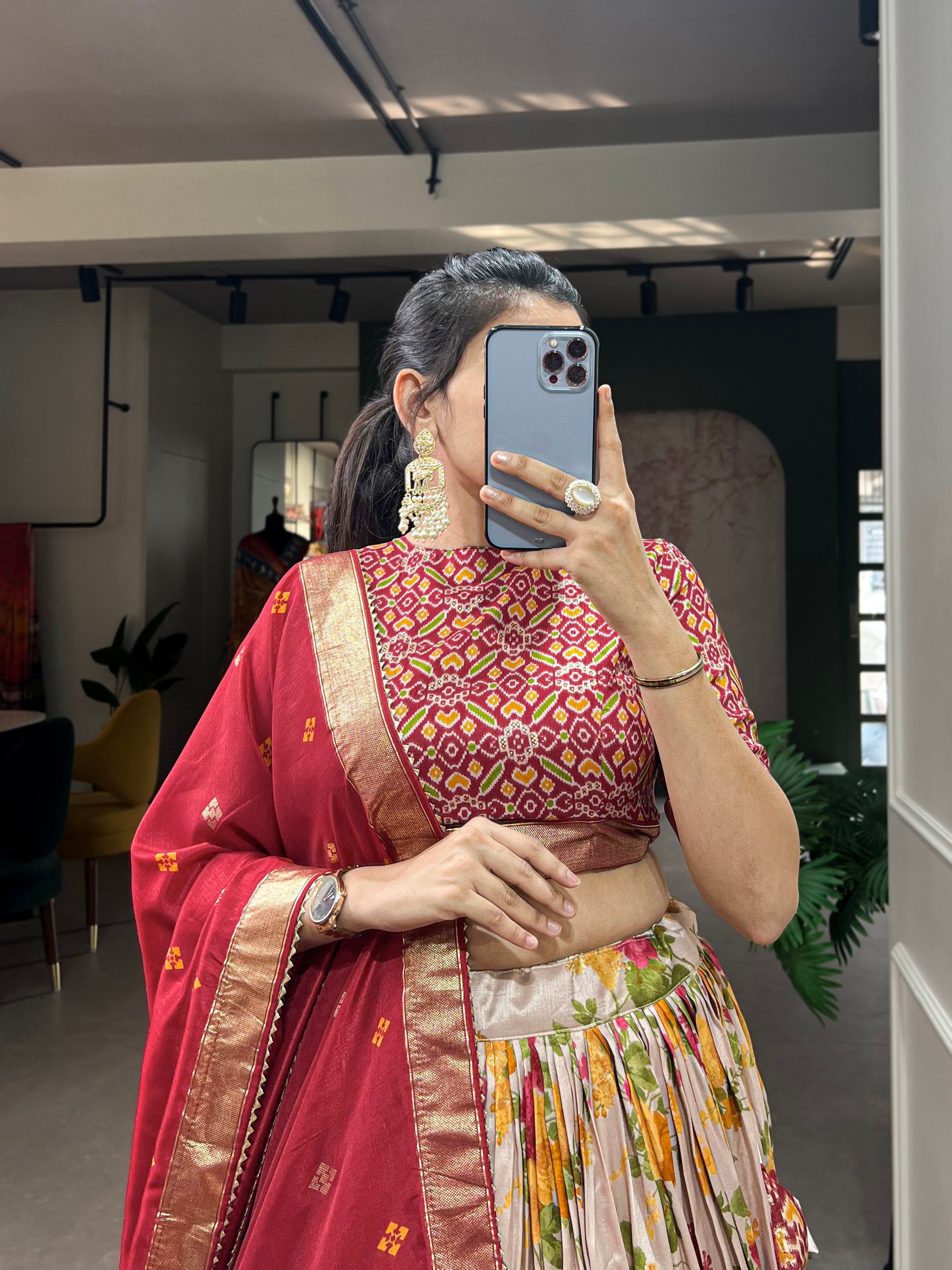 Floral Print Lehenga Choli Set with Geometric Blouse and Zari Border Dupatta