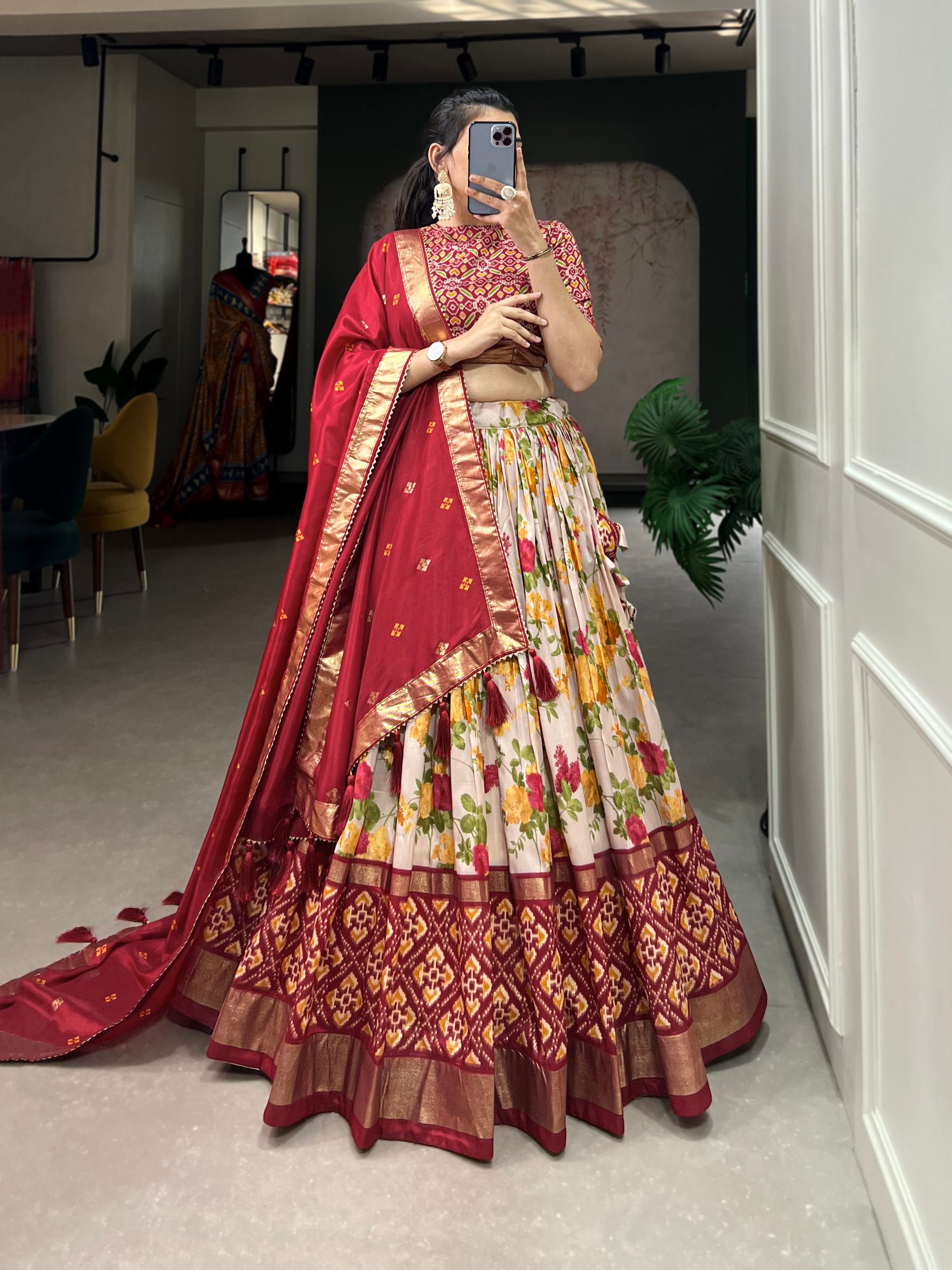 Floral Print Lehenga Choli Set with Geometric Blouse and Zari Border Dupatta
