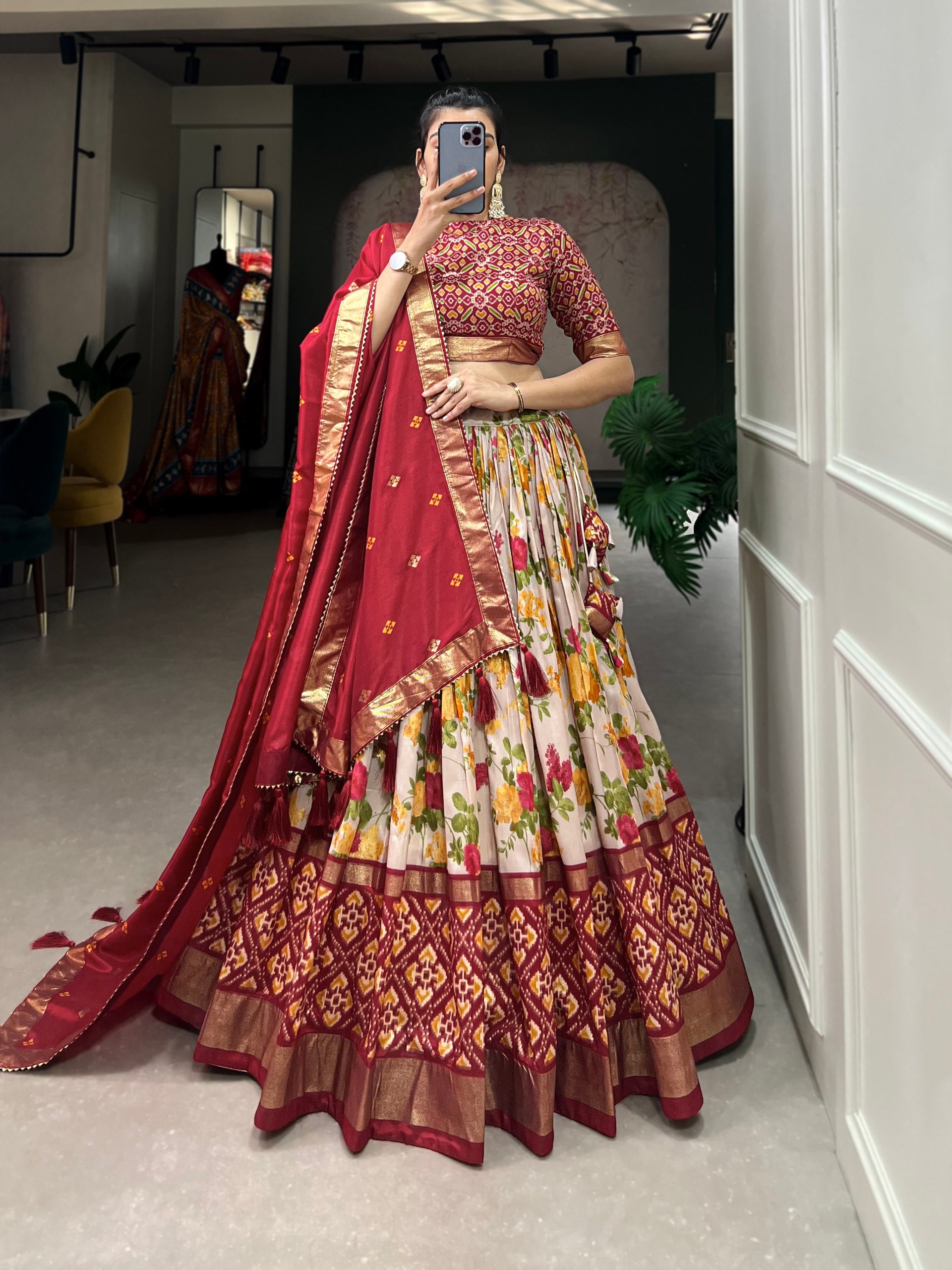 Floral Print Lehenga Choli Set with Geometric Blouse and Zari Border Dupatta