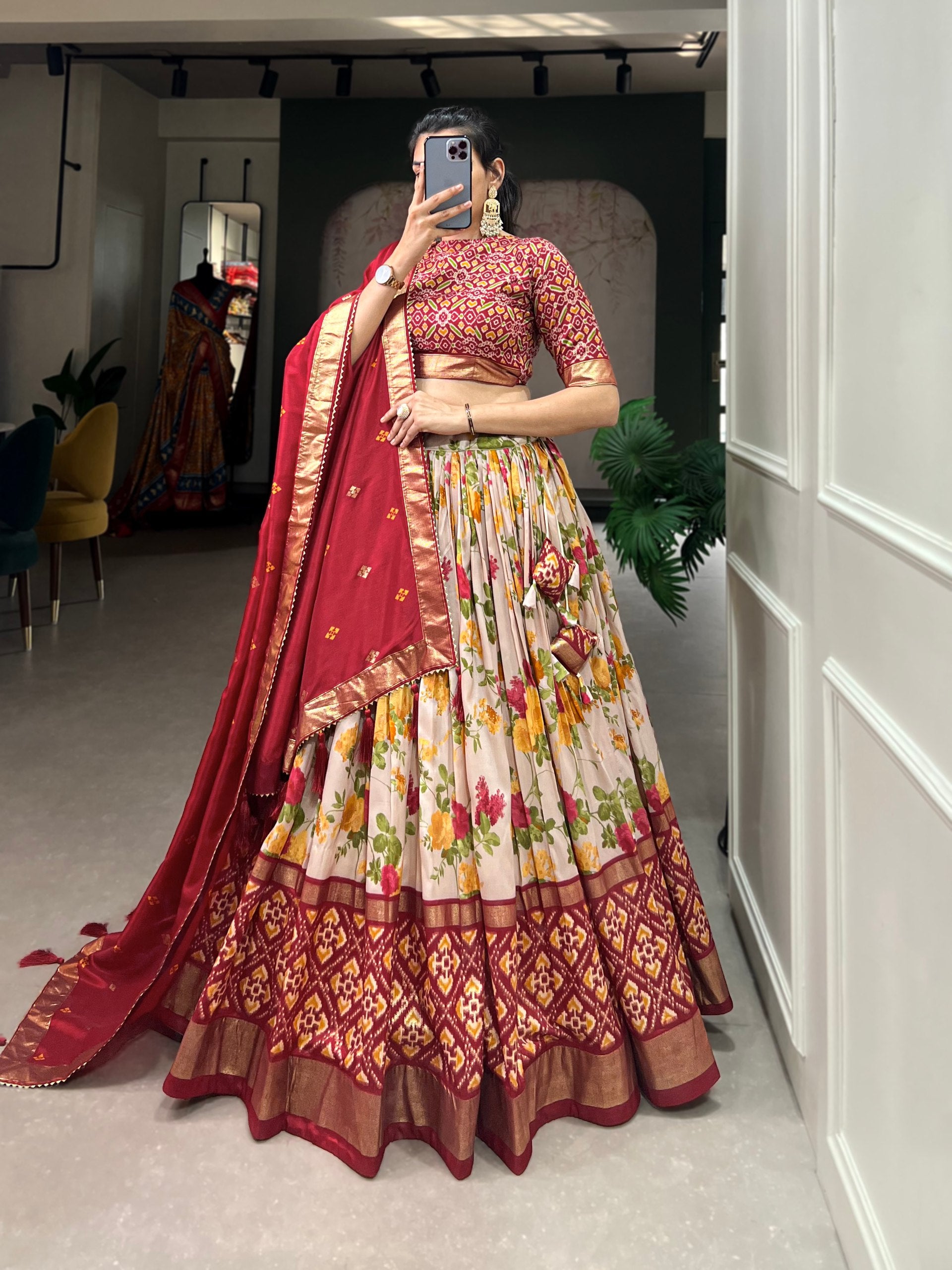 Floral Print Lehenga Choli Set with Geometric Blouse and Zari Border Dupatta