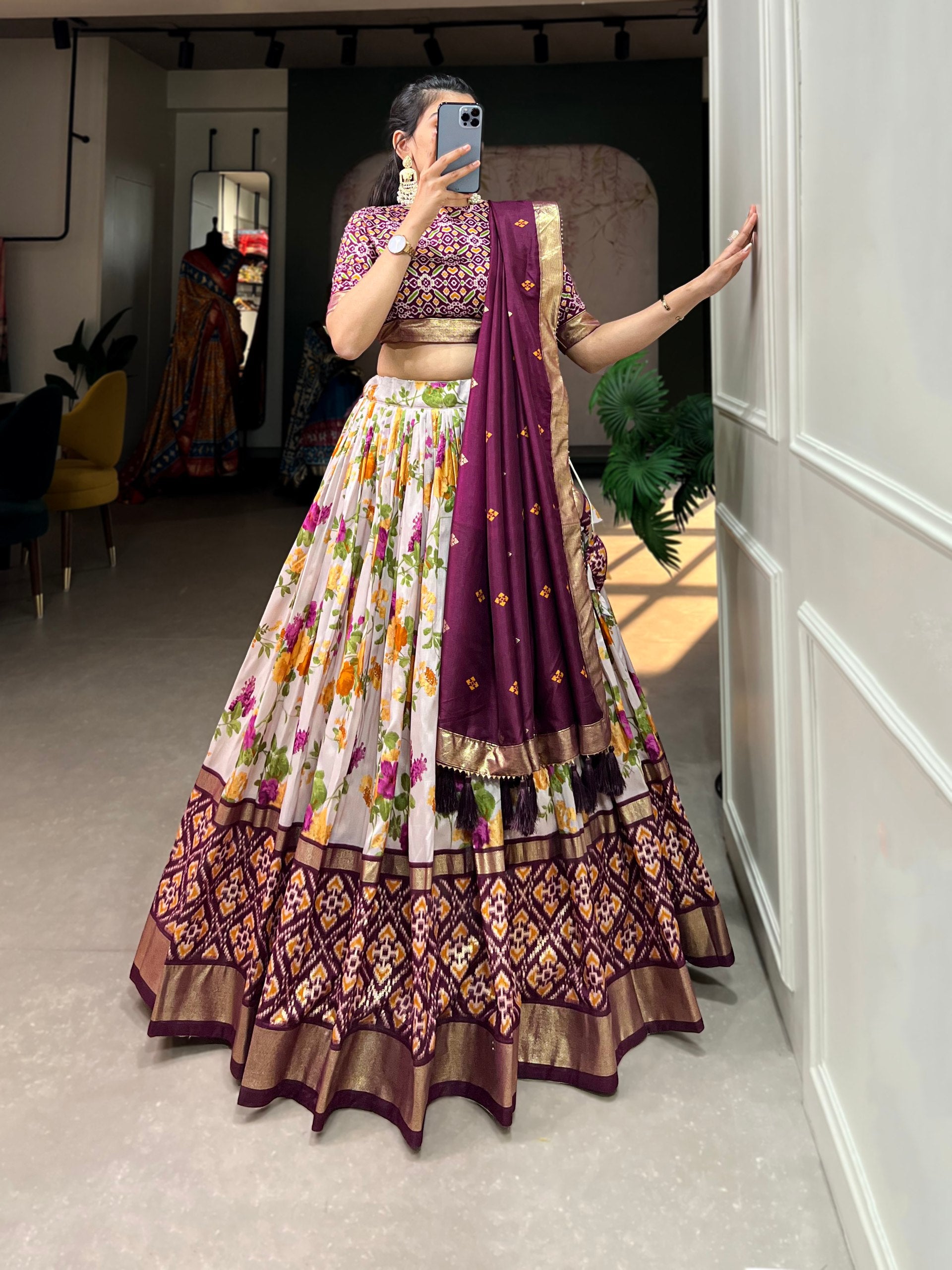 Floral Print Lehenga Choli Set with Geometric Blouse and Zari Border Dupatta