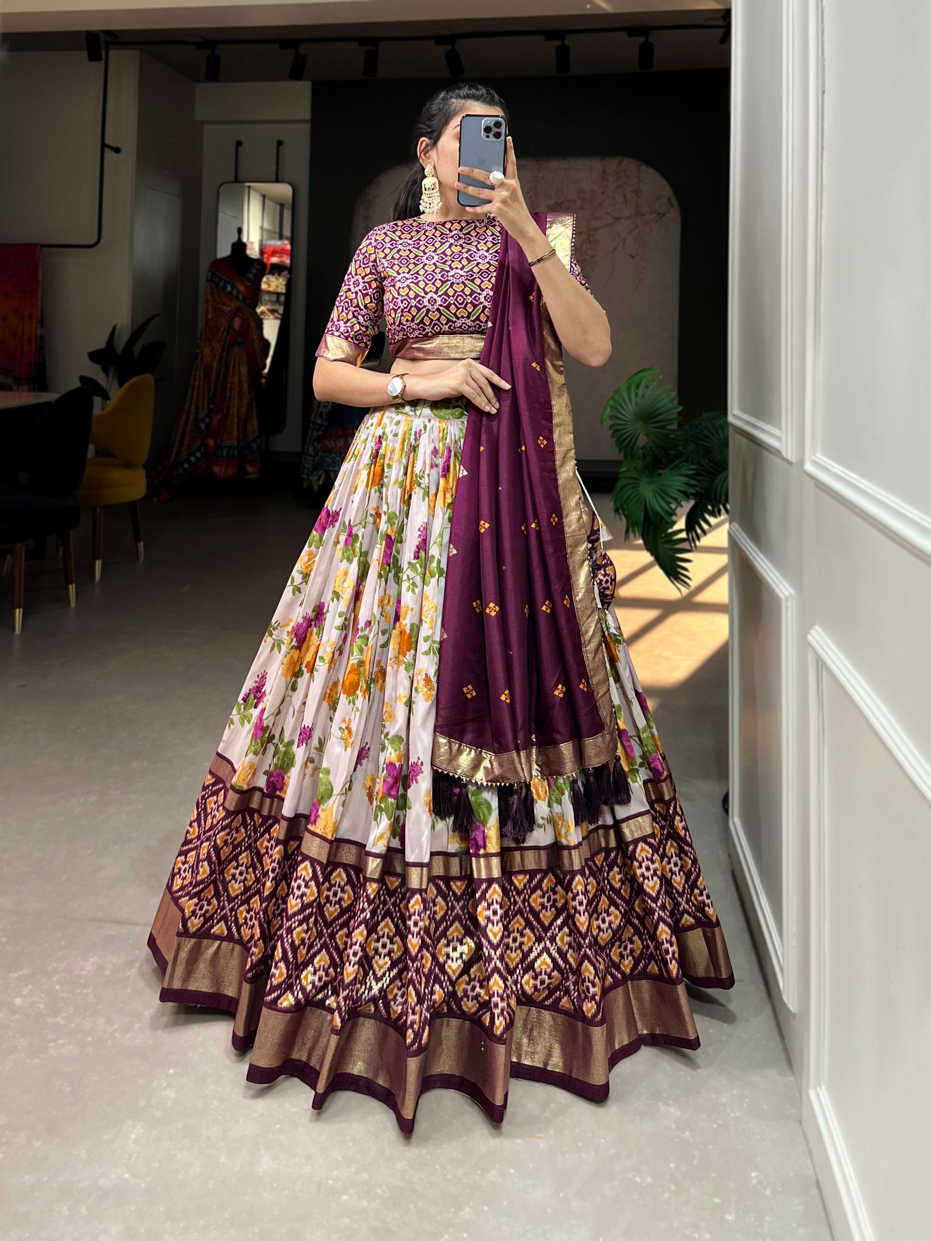 Floral Print Lehenga Choli Set with Geometric Blouse and Zari Border Dupatta