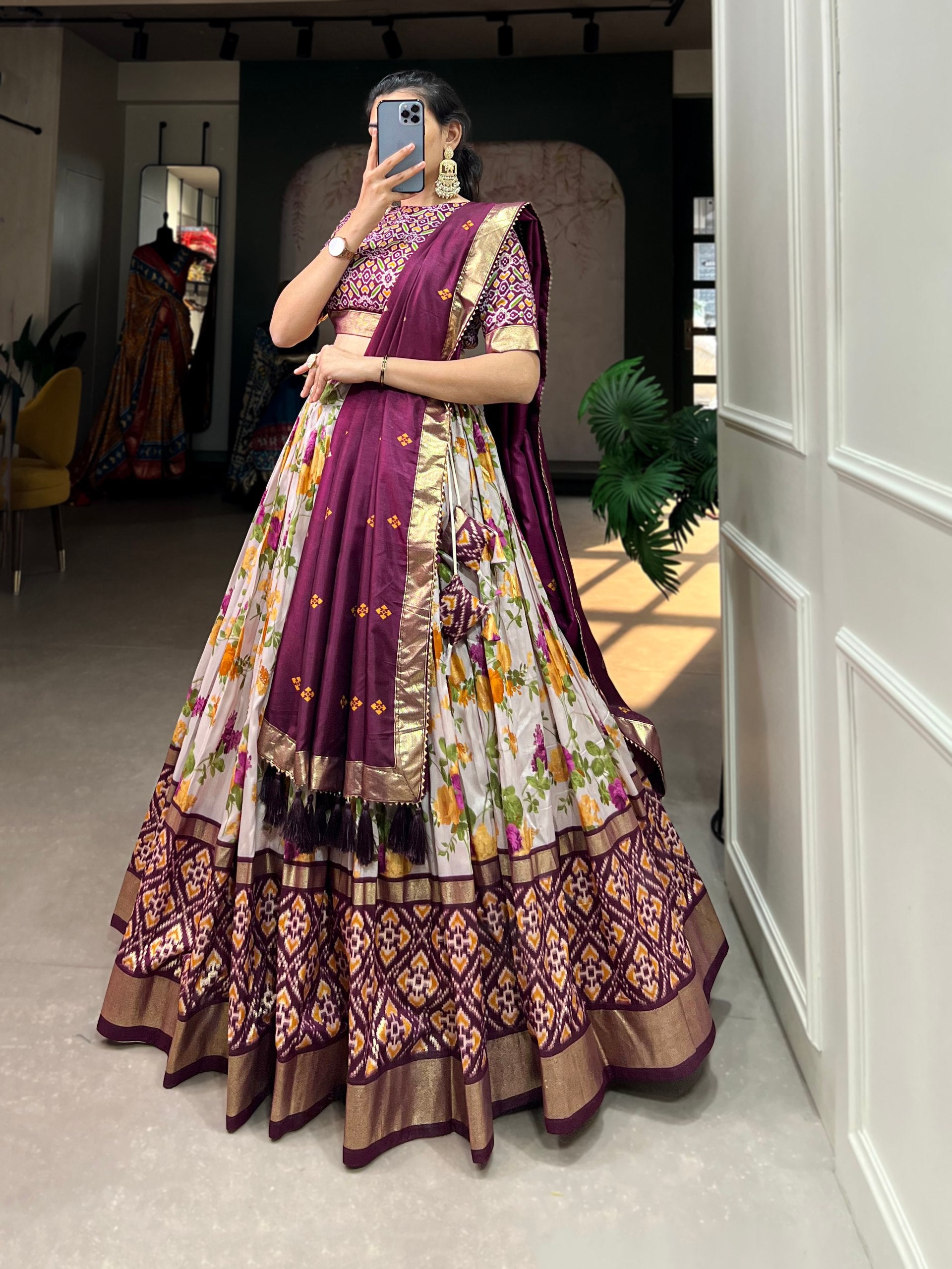 Floral Print Lehenga Choli Set with Geometric Blouse and Zari Border Dupatta
