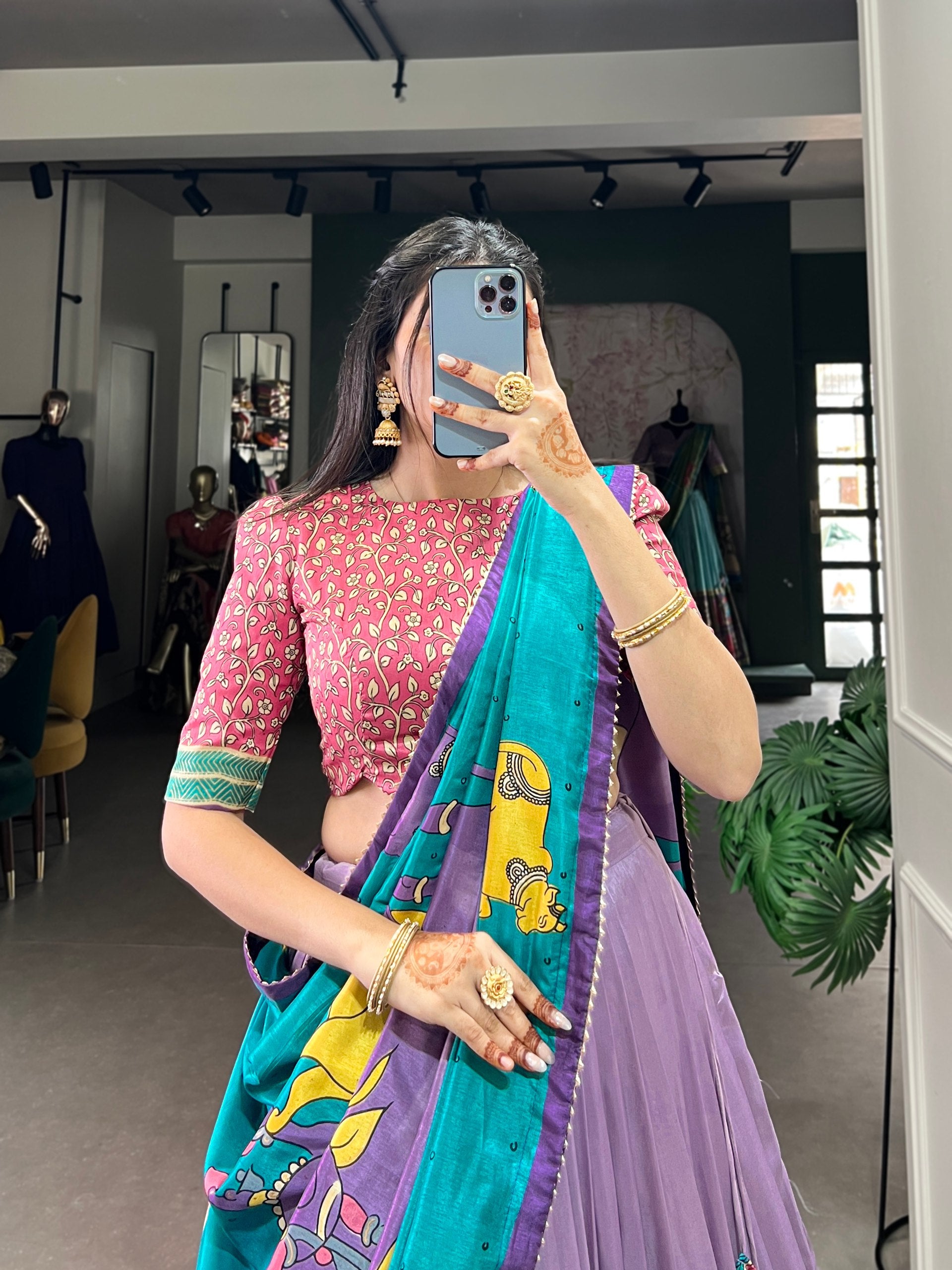 Handcrafted Kalamkari Print Lehenga with Contrast Blouse and Dupatta