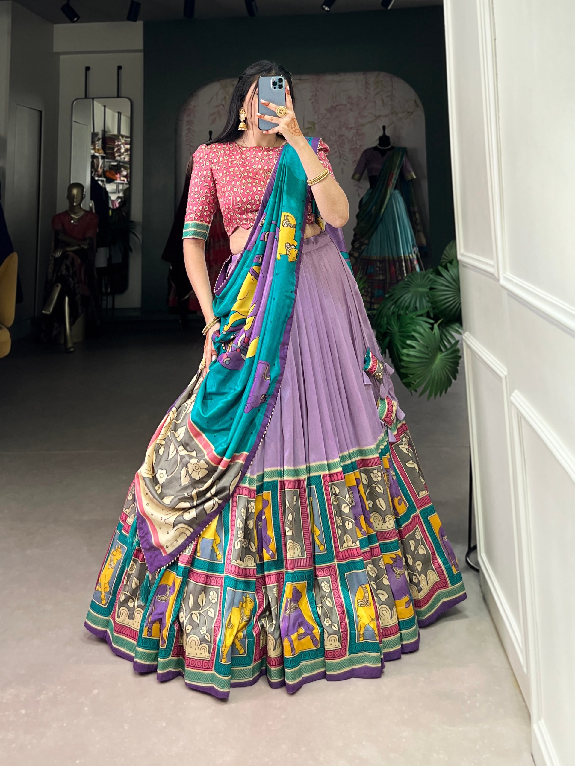 Handcrafted Kalamkari Print Lehenga with Contrast Blouse and Dupatta