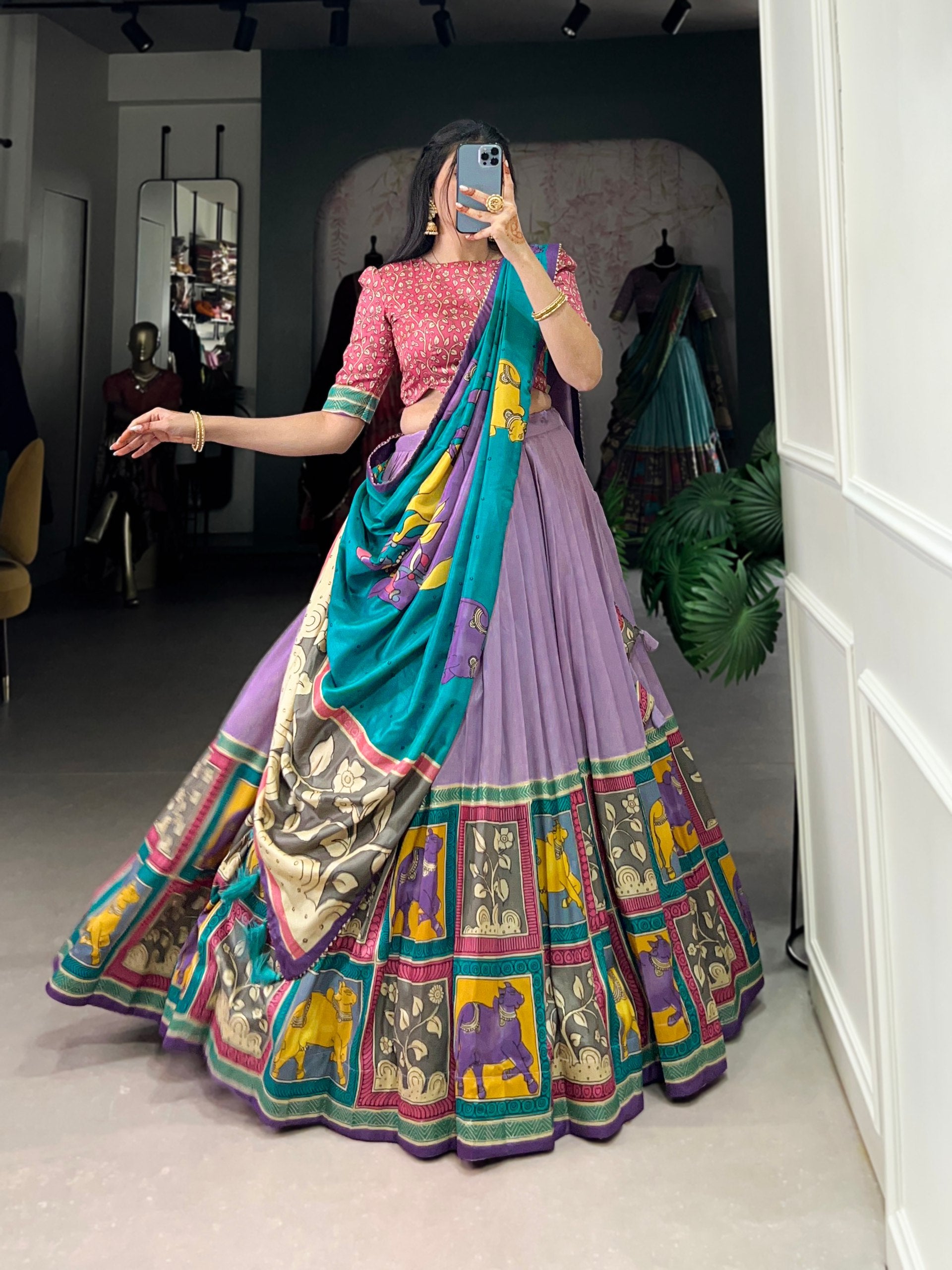 Handcrafted Kalamkari Print Lehenga with Contrast Blouse and Dupatta