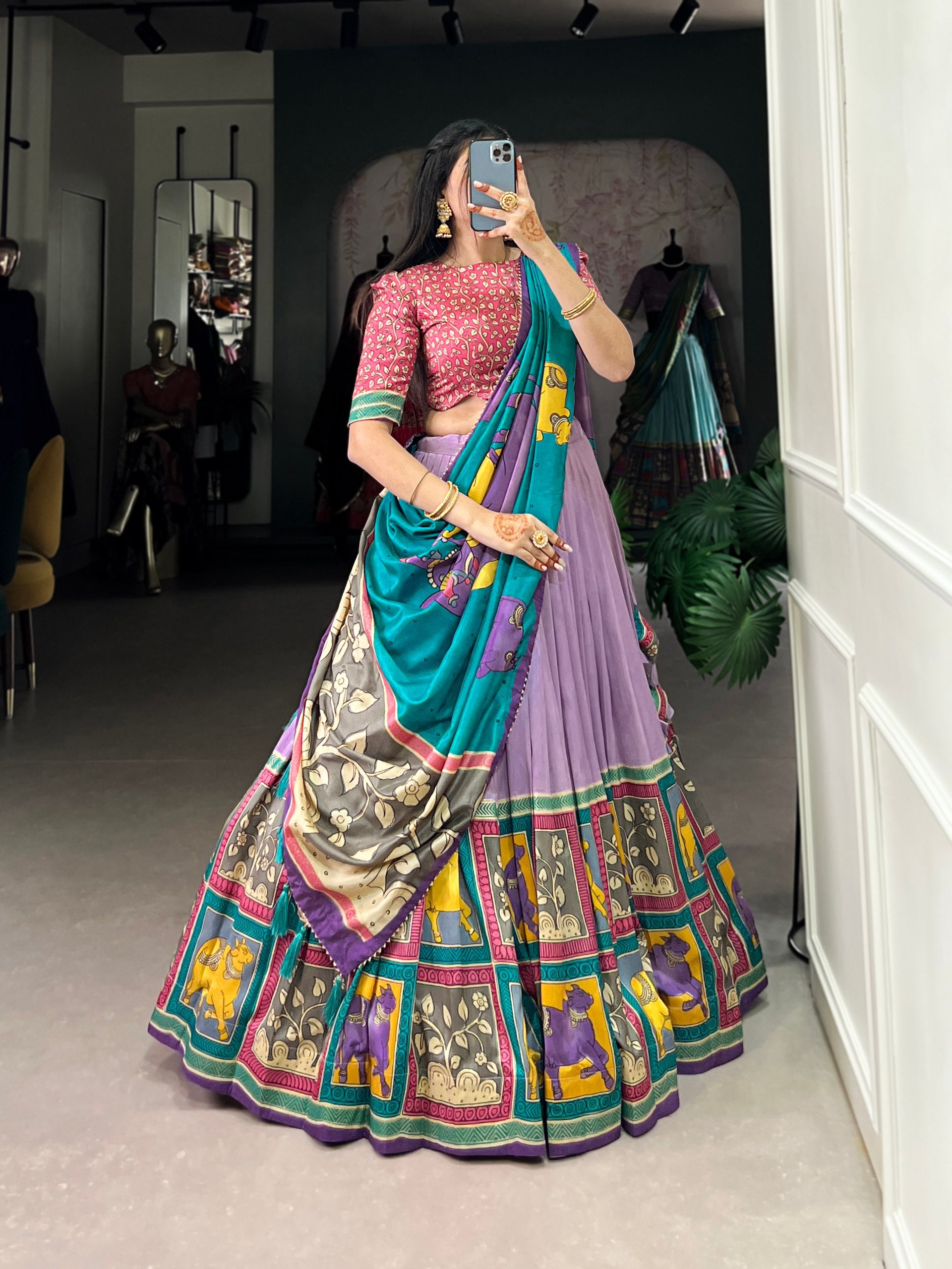 Handcrafted Kalamkari Print Lehenga with Contrast Blouse and Dupatta
