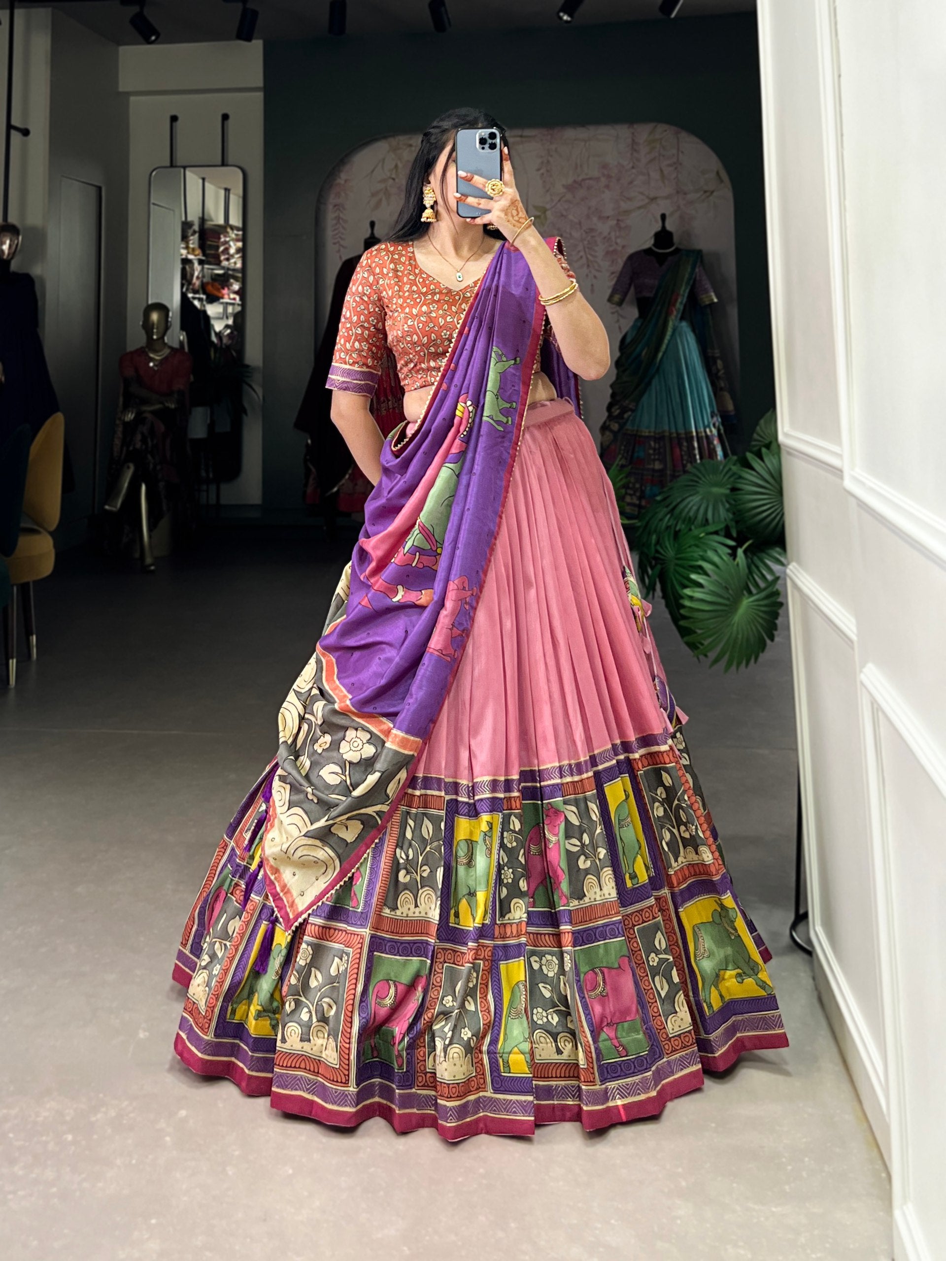 Handcrafted Kalamkari Print Lehenga with Contrast Blouse and Dupatta