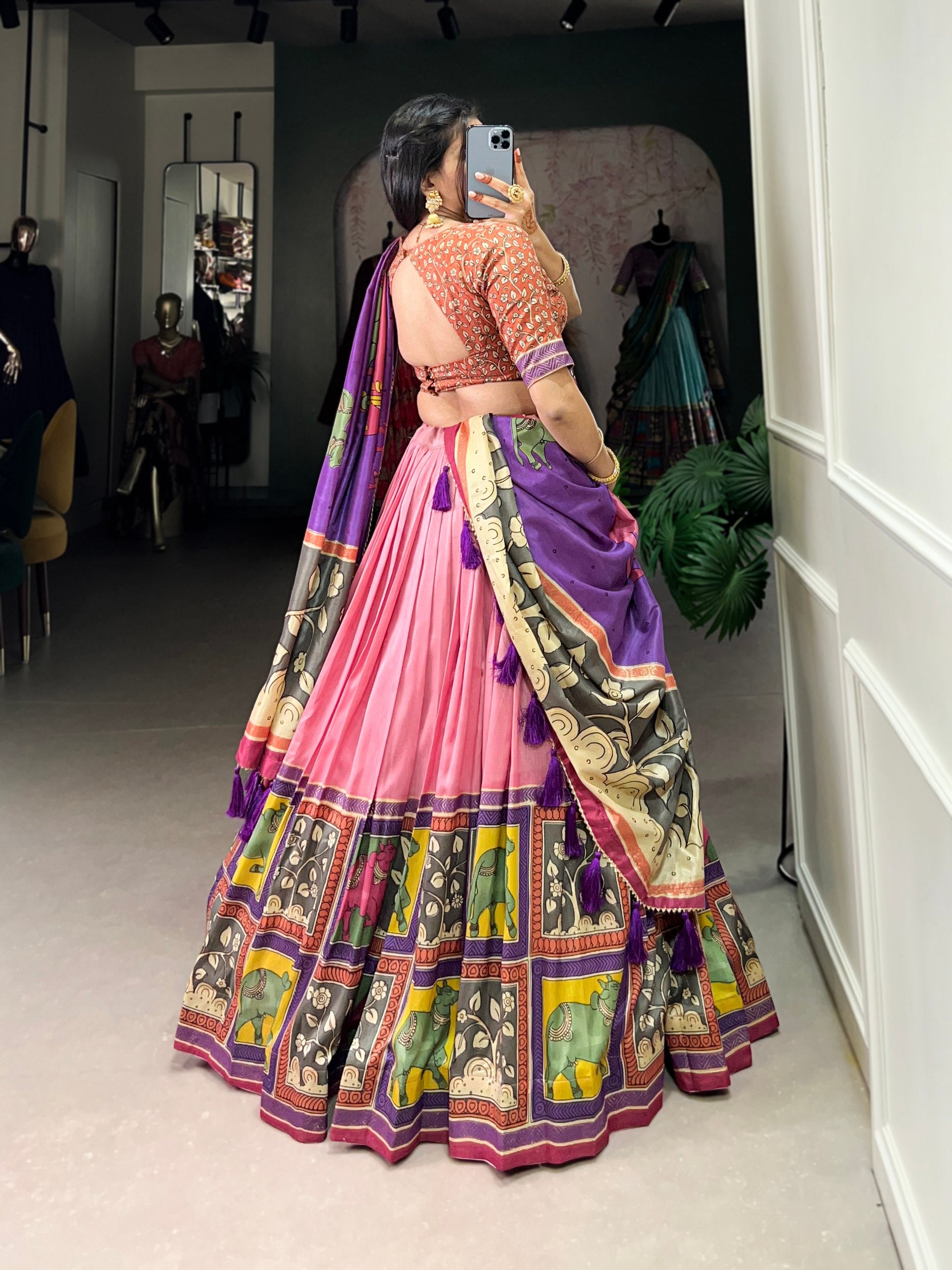 Handcrafted Kalamkari Print Lehenga with Contrast Blouse and Dupatta