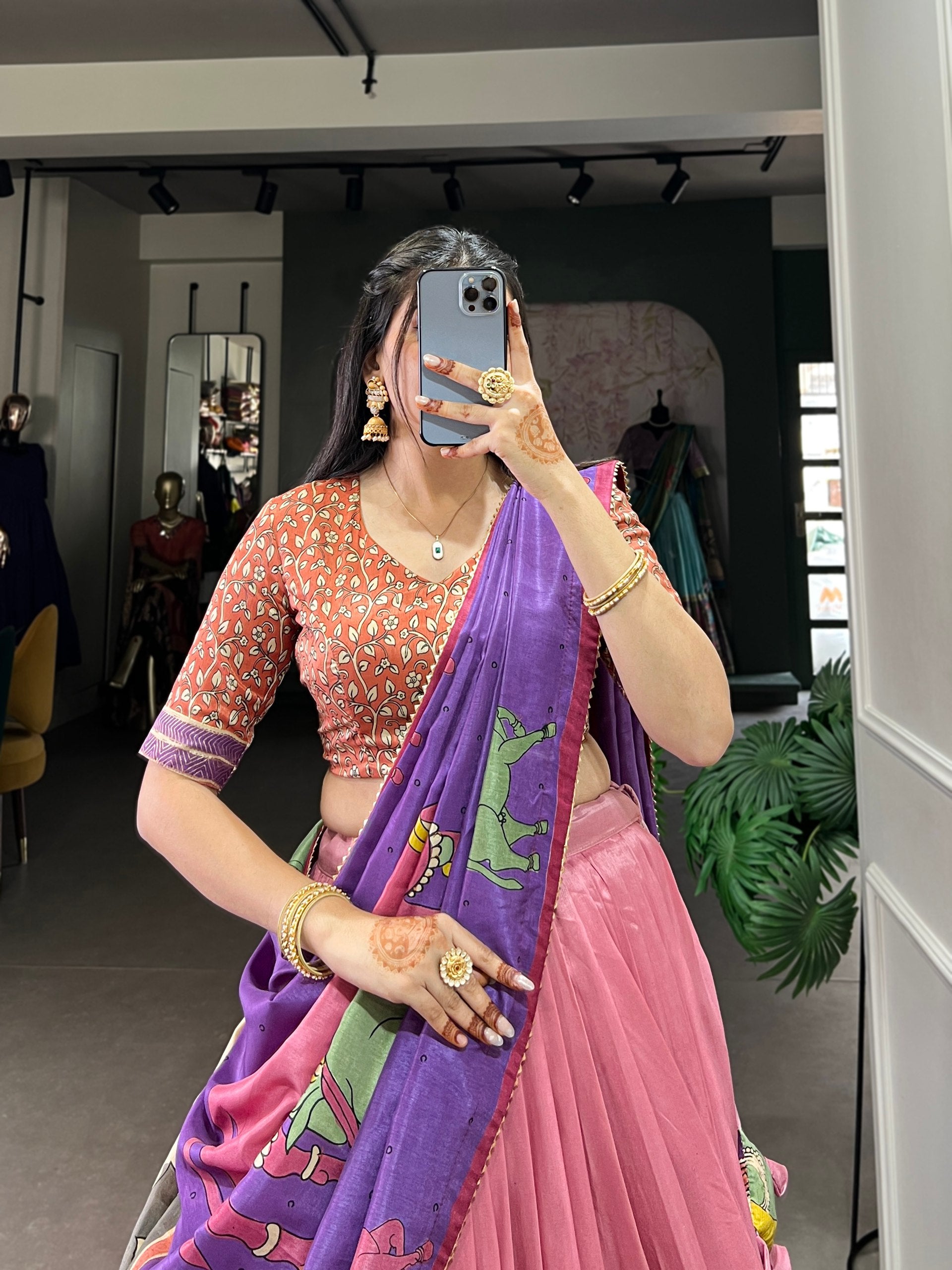 Handcrafted Kalamkari Print Lehenga with Contrast Blouse and Dupatta