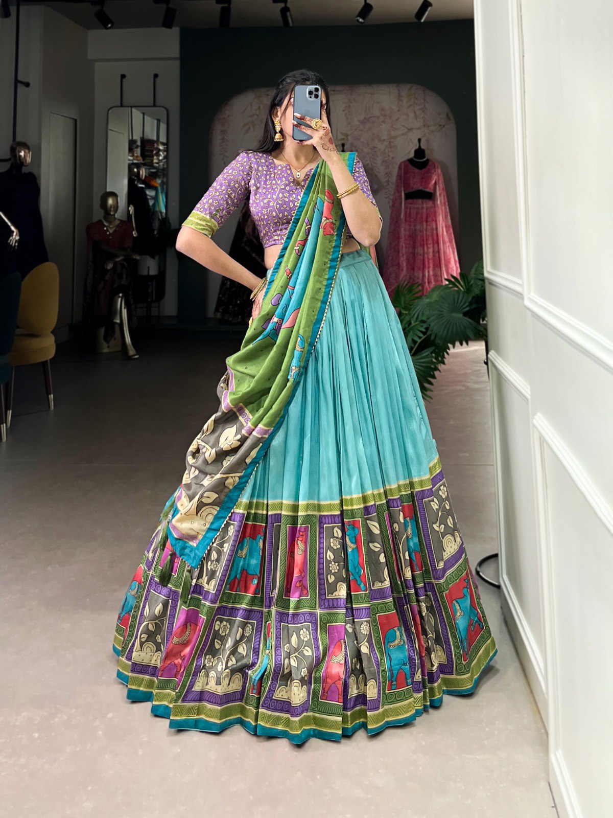 Handcrafted Kalamkari Print Lehenga with Contrast Blouse and Dupatta