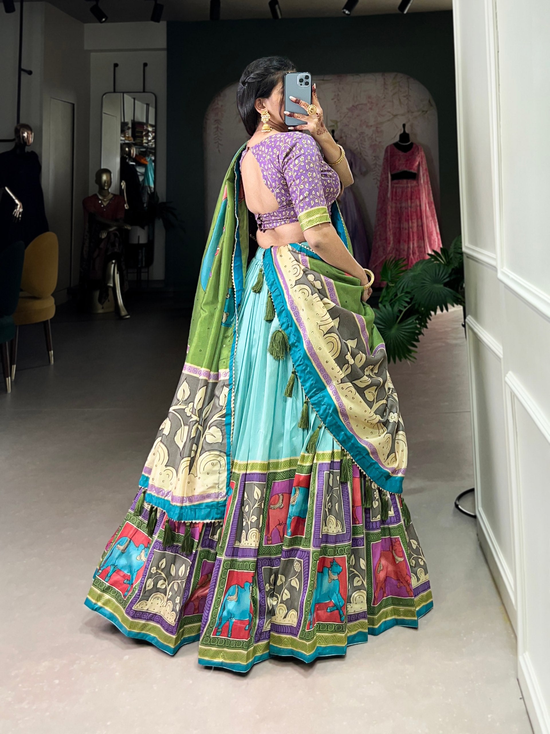 Handcrafted Kalamkari Print Lehenga with Contrast Blouse and Dupatta