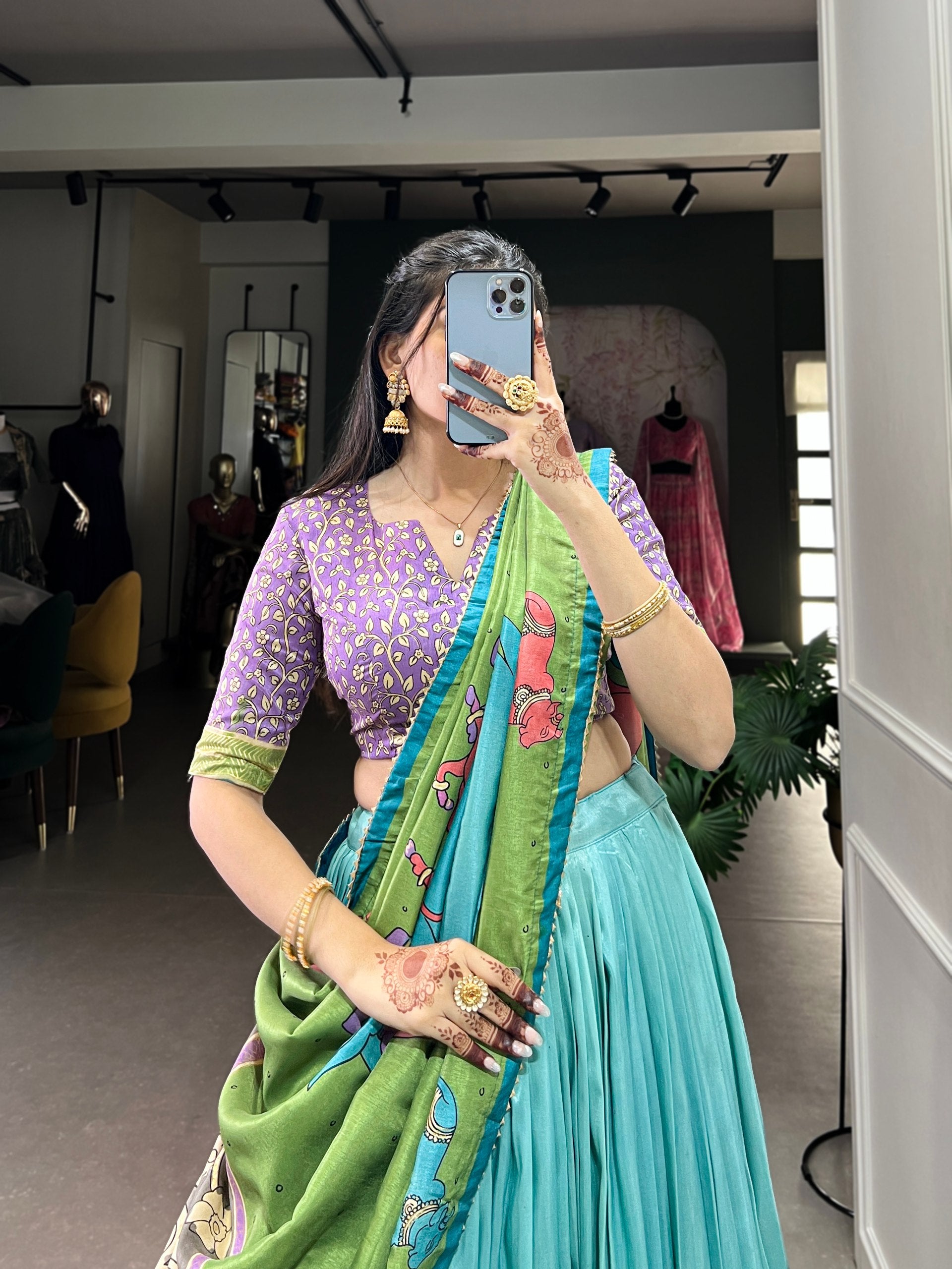 Handcrafted Kalamkari Print Lehenga with Contrast Blouse and Dupatta