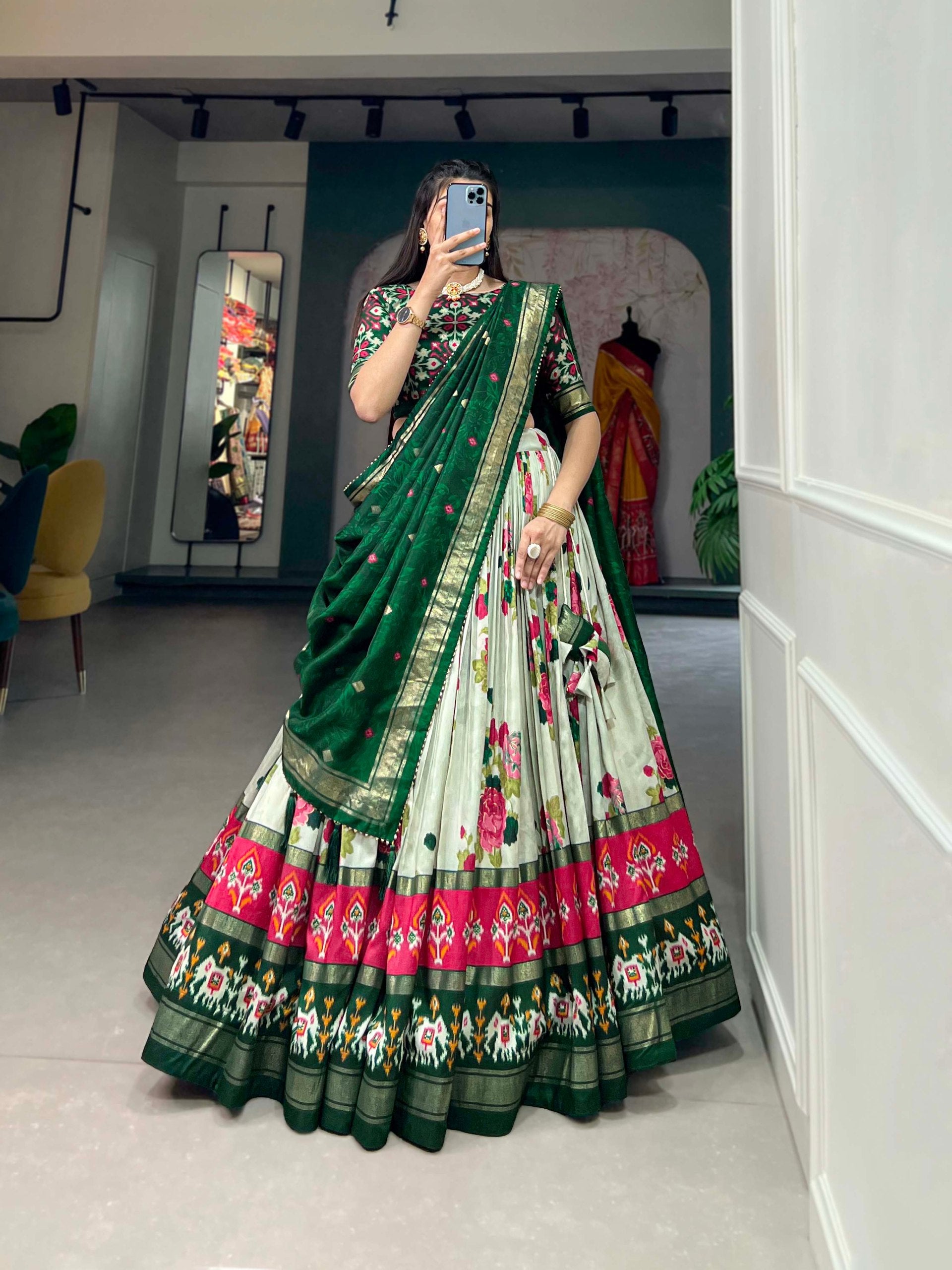 Traditional Multi-Print Lehenga Choli with Elephant Border and Dupatta