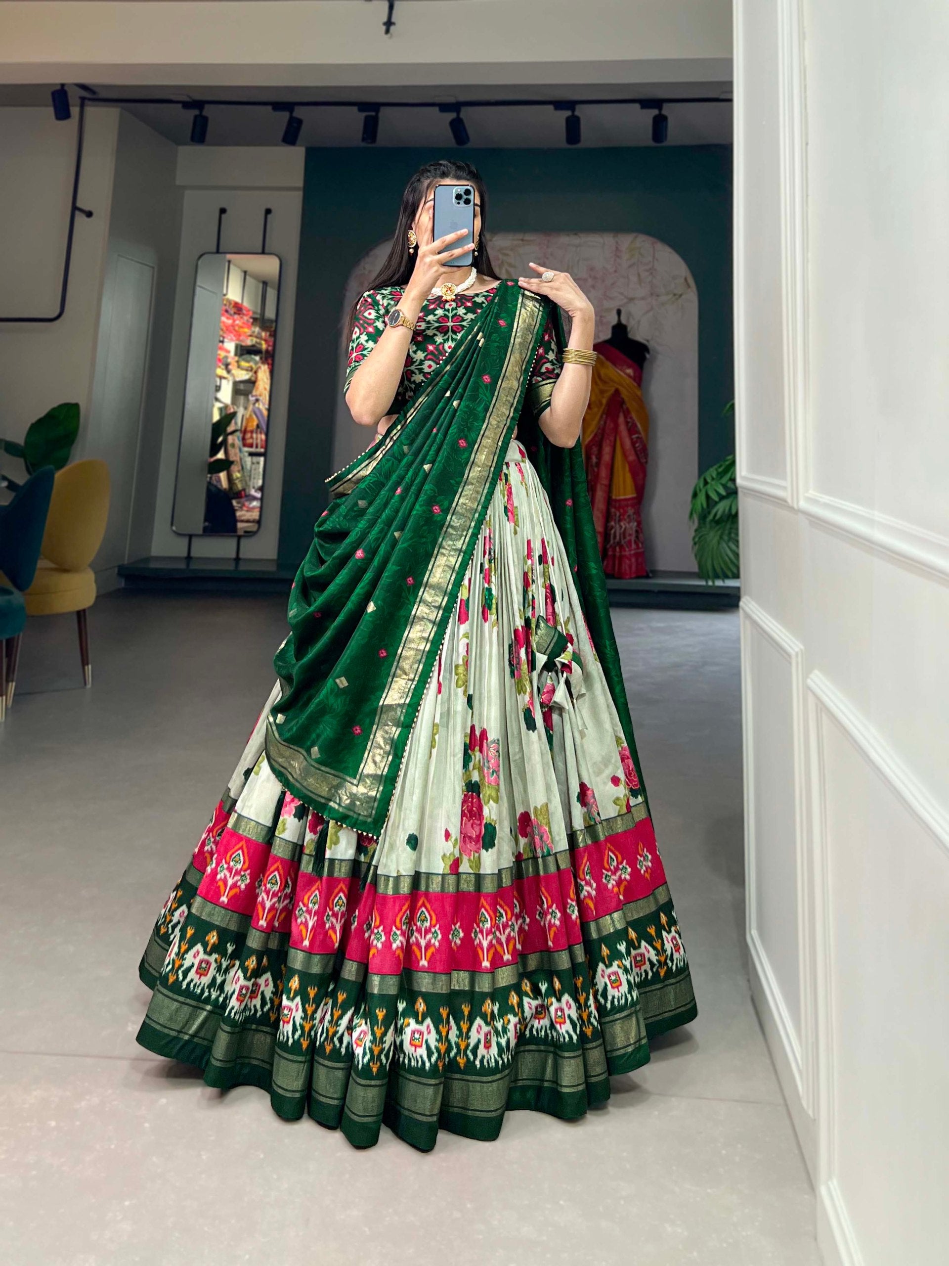 Traditional Multi-Print Lehenga Choli with Elephant Border and Dupatta