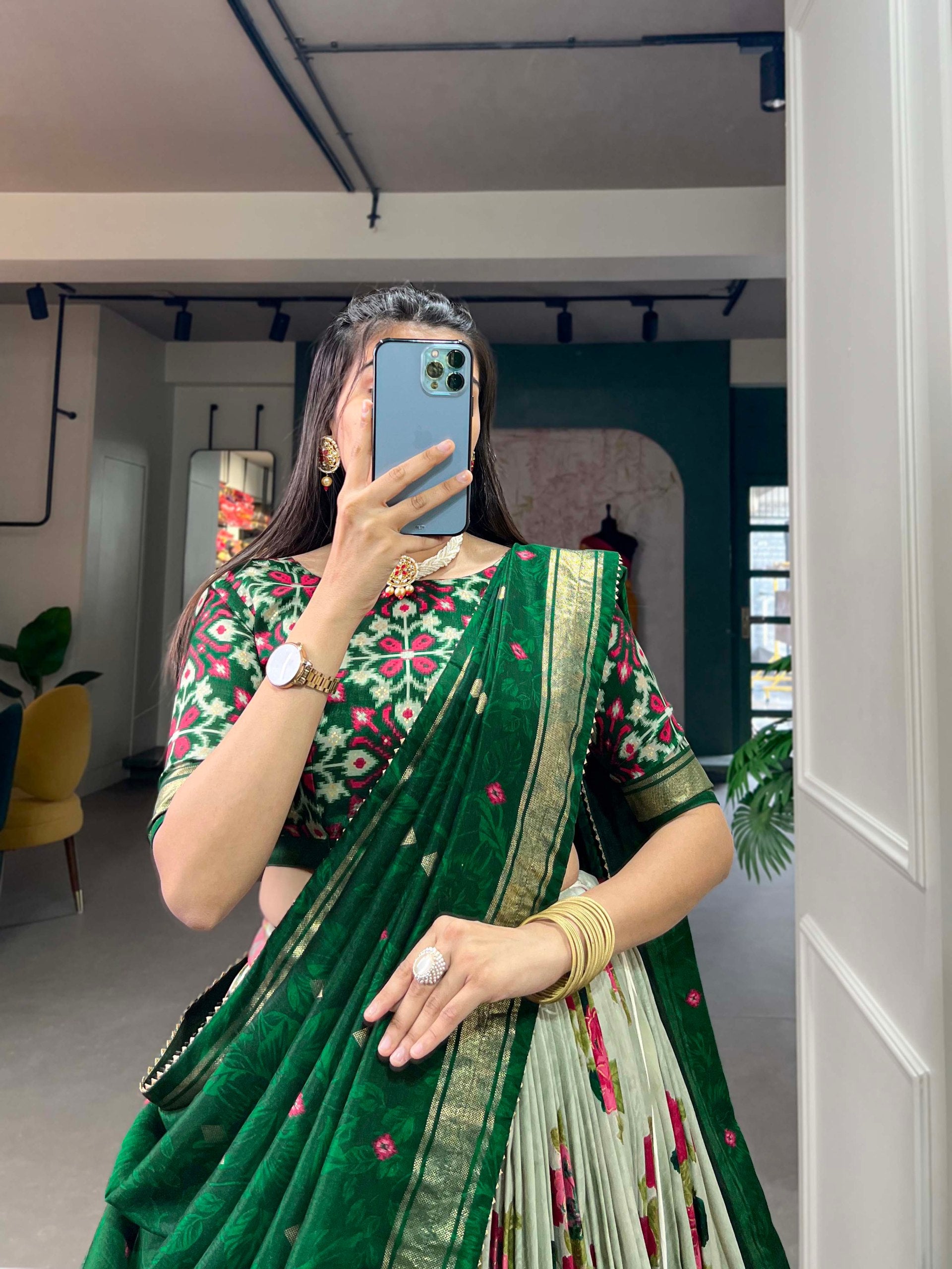 Traditional Multi-Print Lehenga Choli with Elephant Border and Dupatta