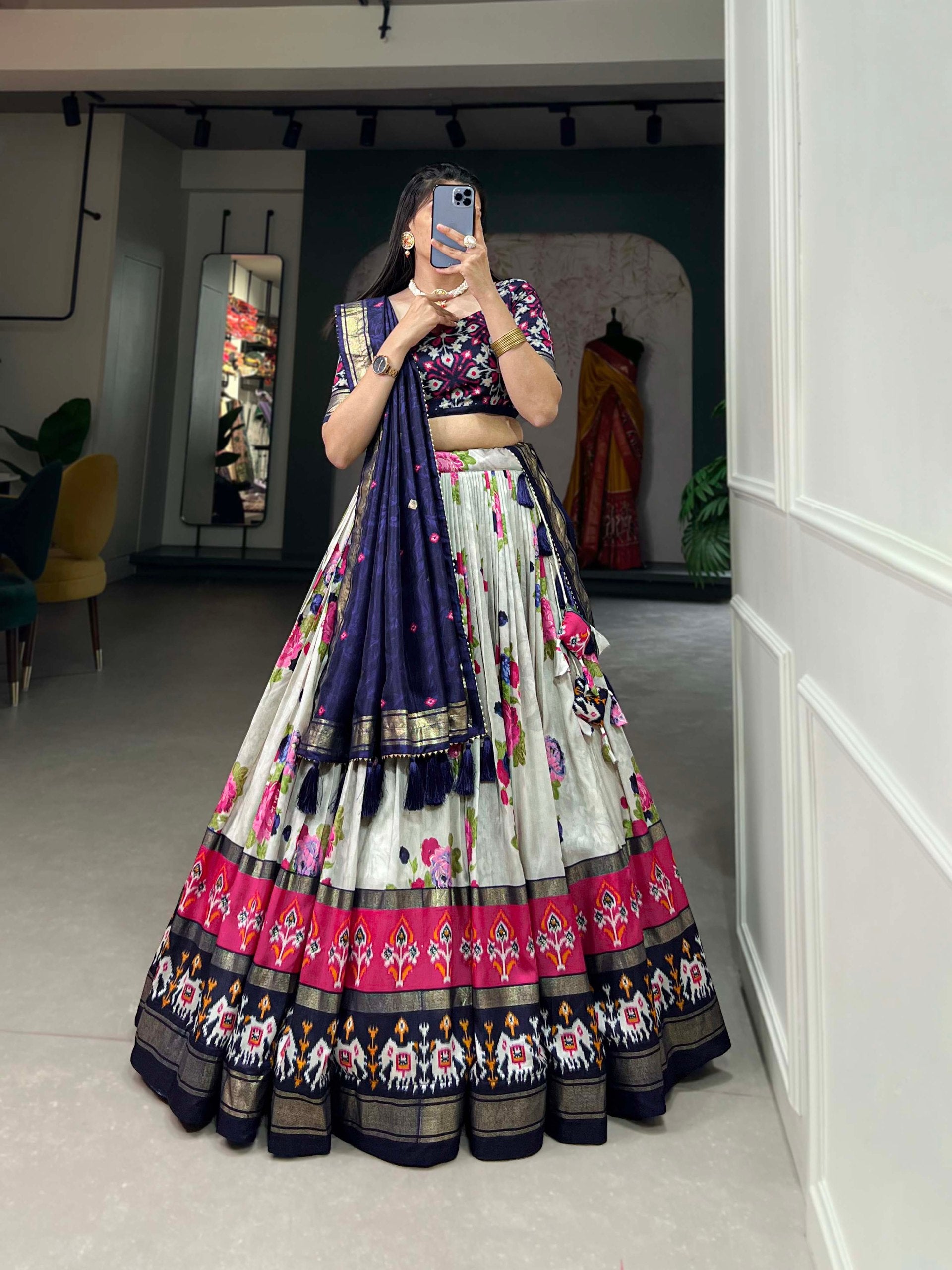 Traditional Multi-Print Lehenga Choli with Elephant Border and Dupatta