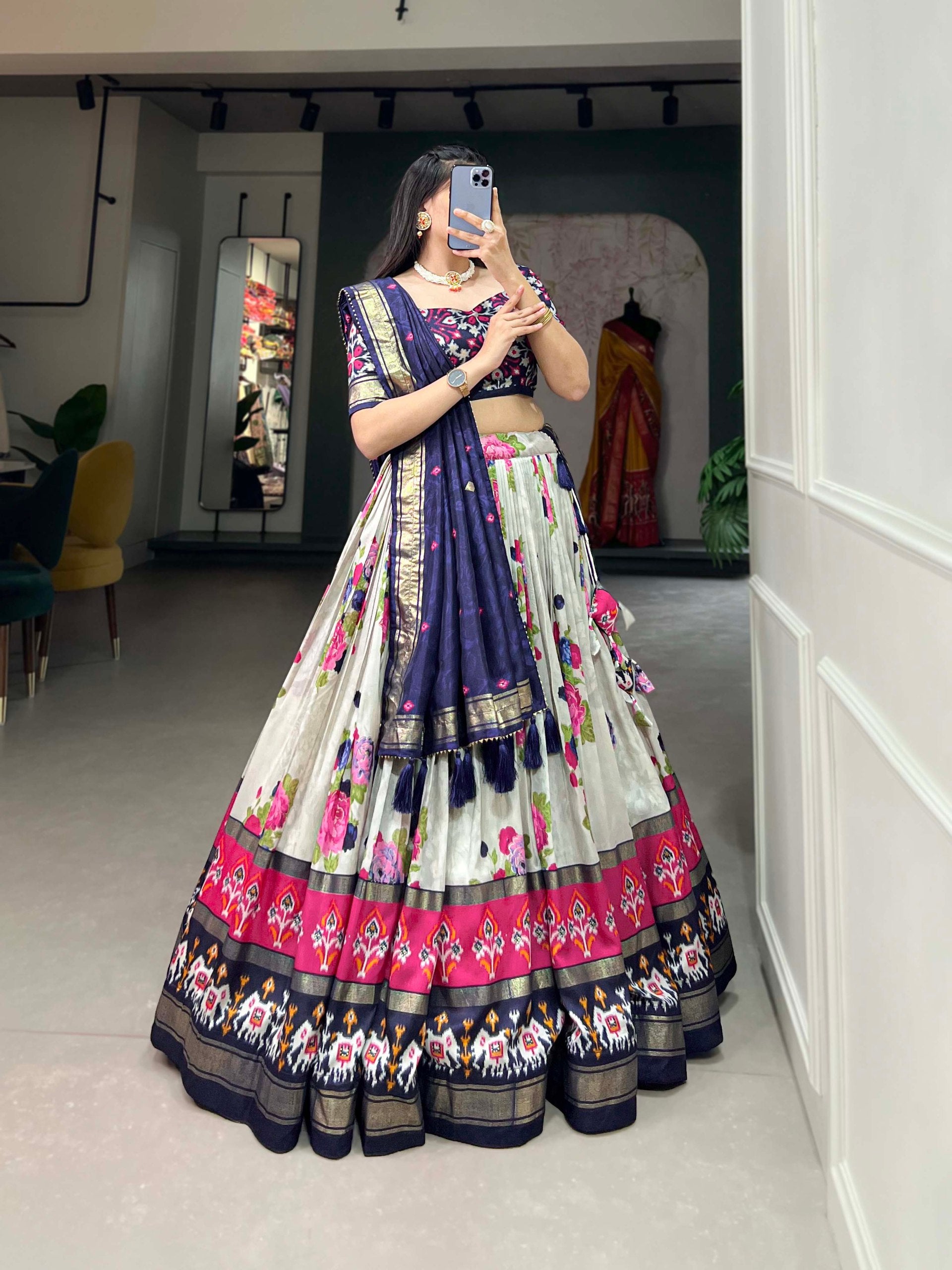 Traditional Multi-Print Lehenga Choli with Elephant Border and Dupatta