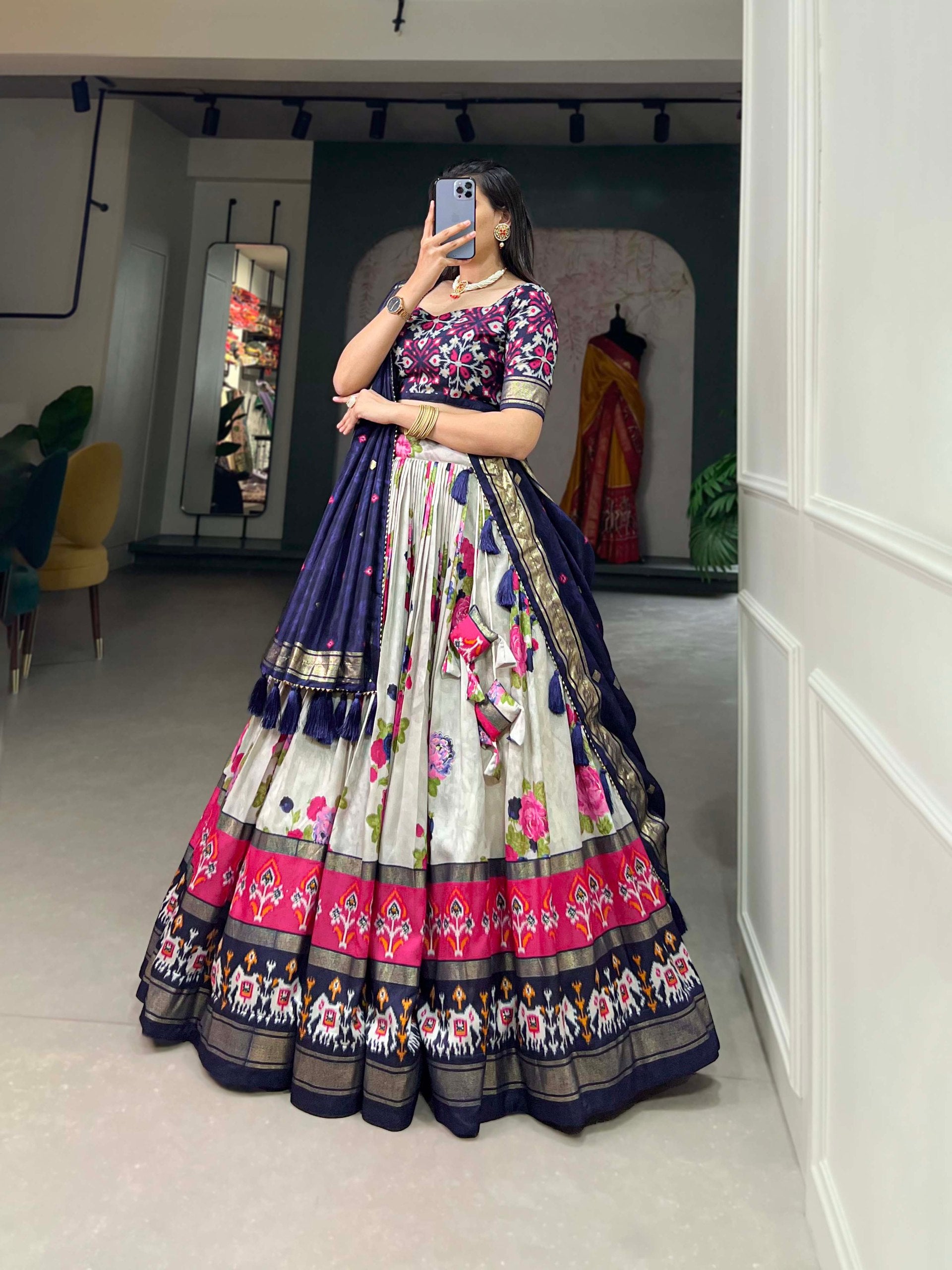 Traditional Multi-Print Lehenga Choli with Elephant Border and Dupatta