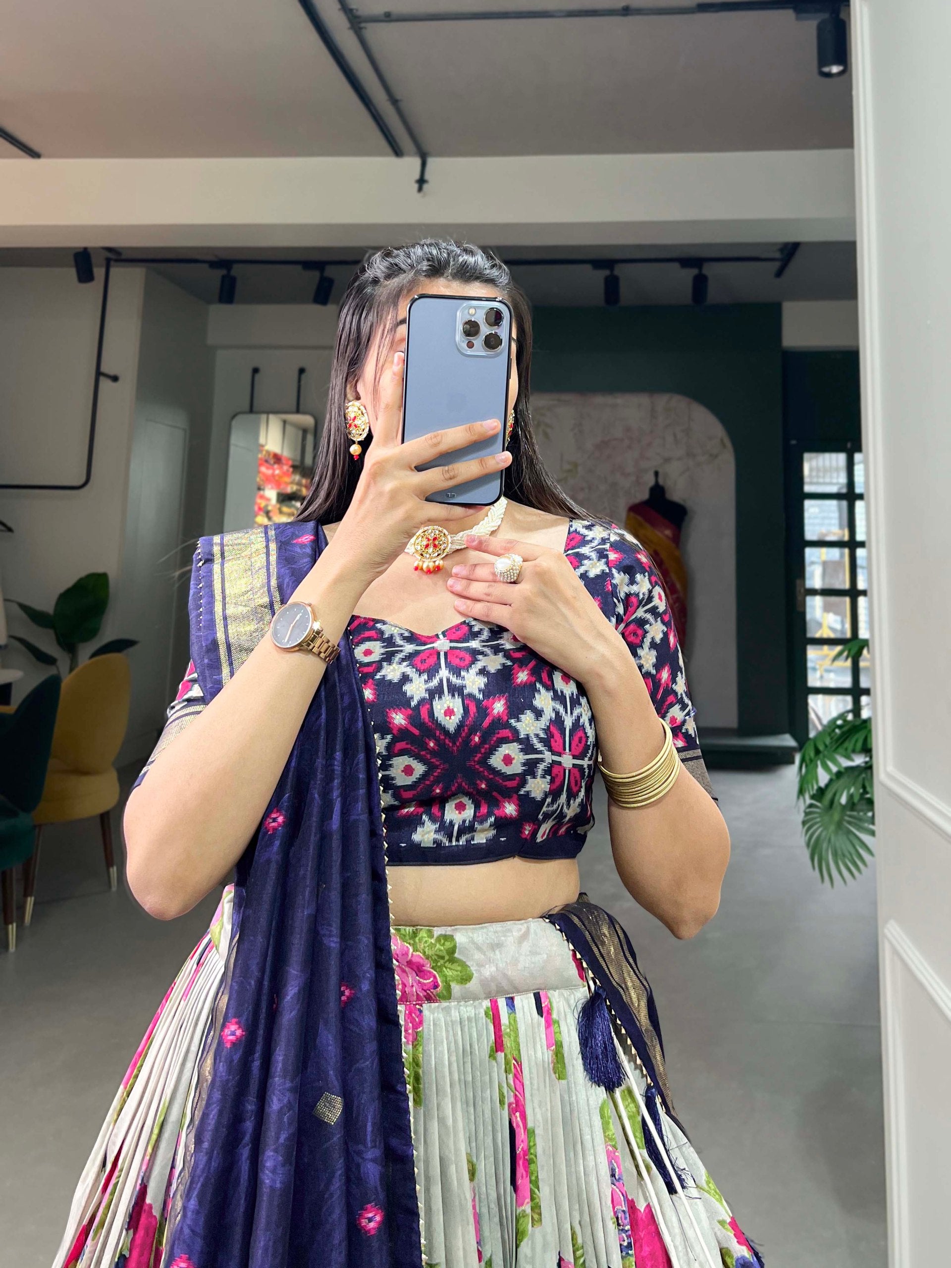 Traditional Multi-Print Lehenga Choli with Elephant Border and Dupatta