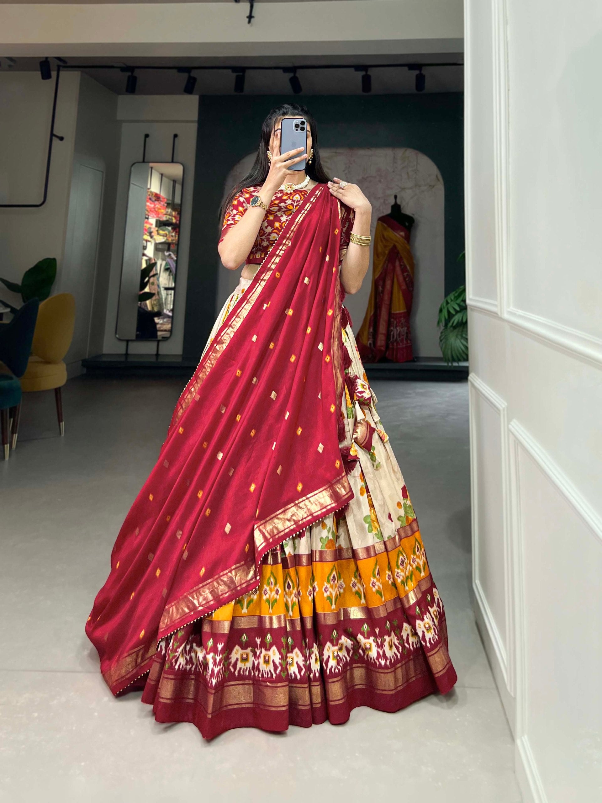 Traditional Multi-Print Lehenga Choli with Elephant Border and Dupatta