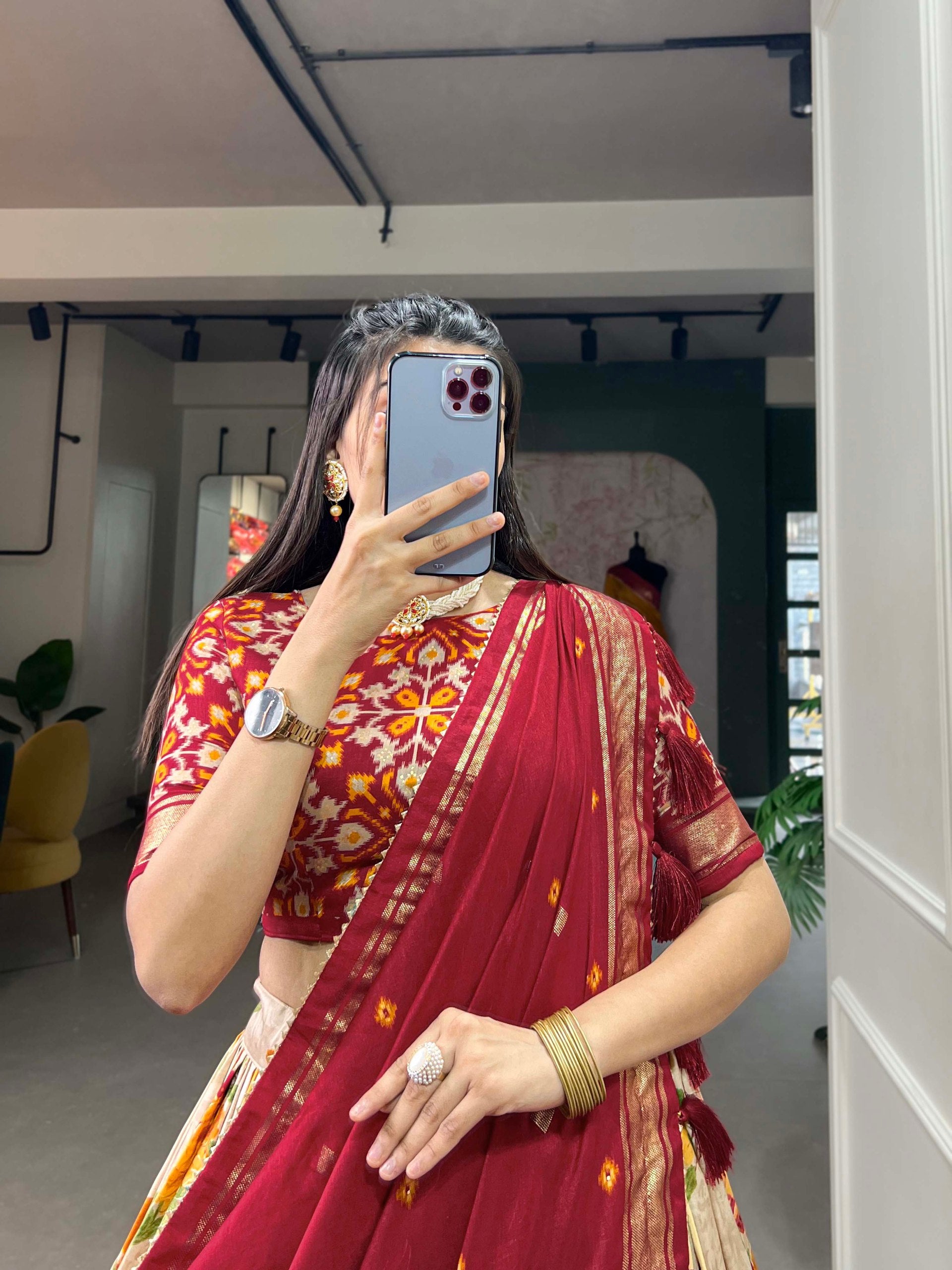 Traditional Multi-Print Lehenga Choli with Elephant Border and Dupatta
