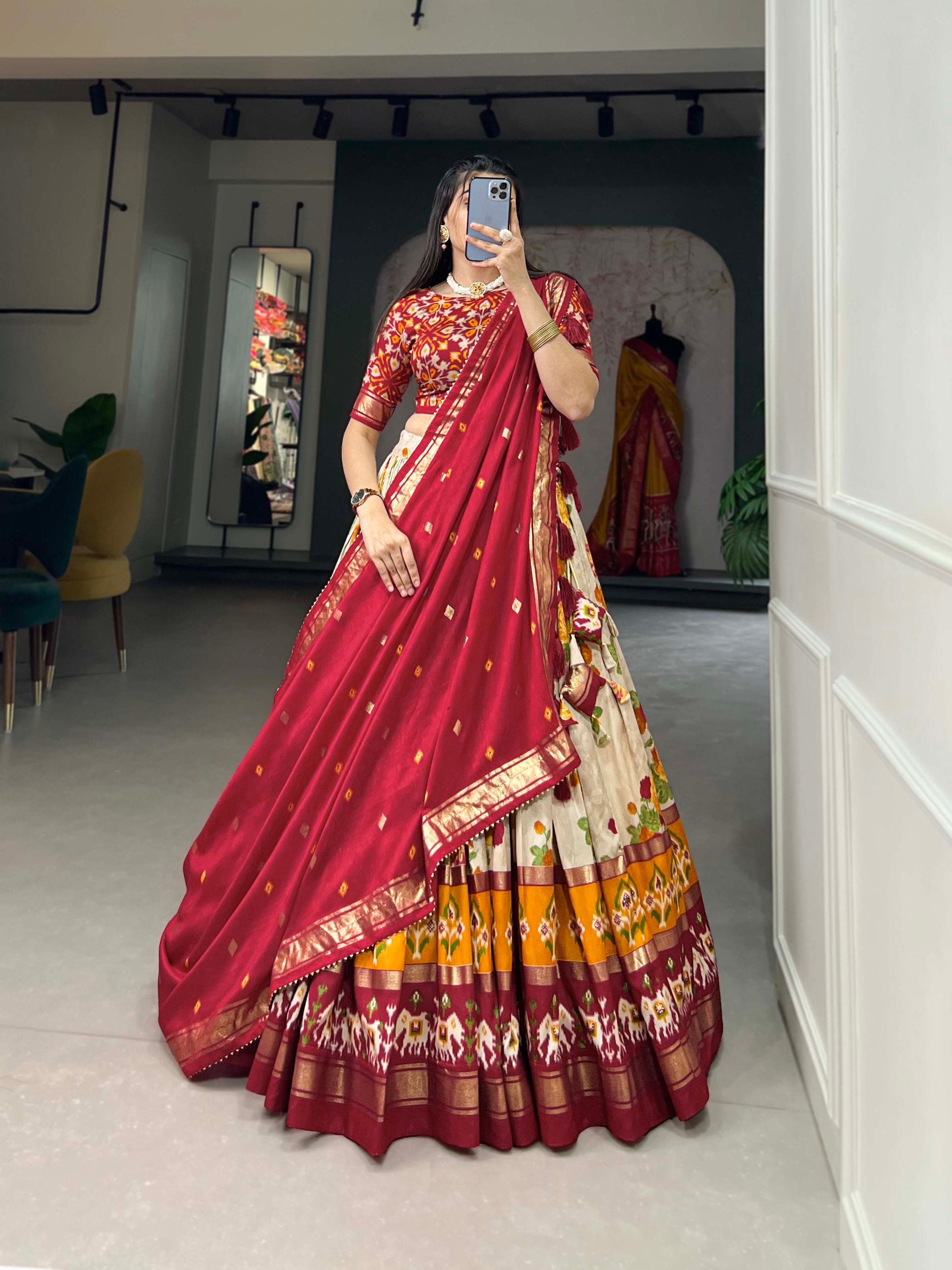 Traditional Multi-Print Lehenga Choli with Elephant Border and Dupatta