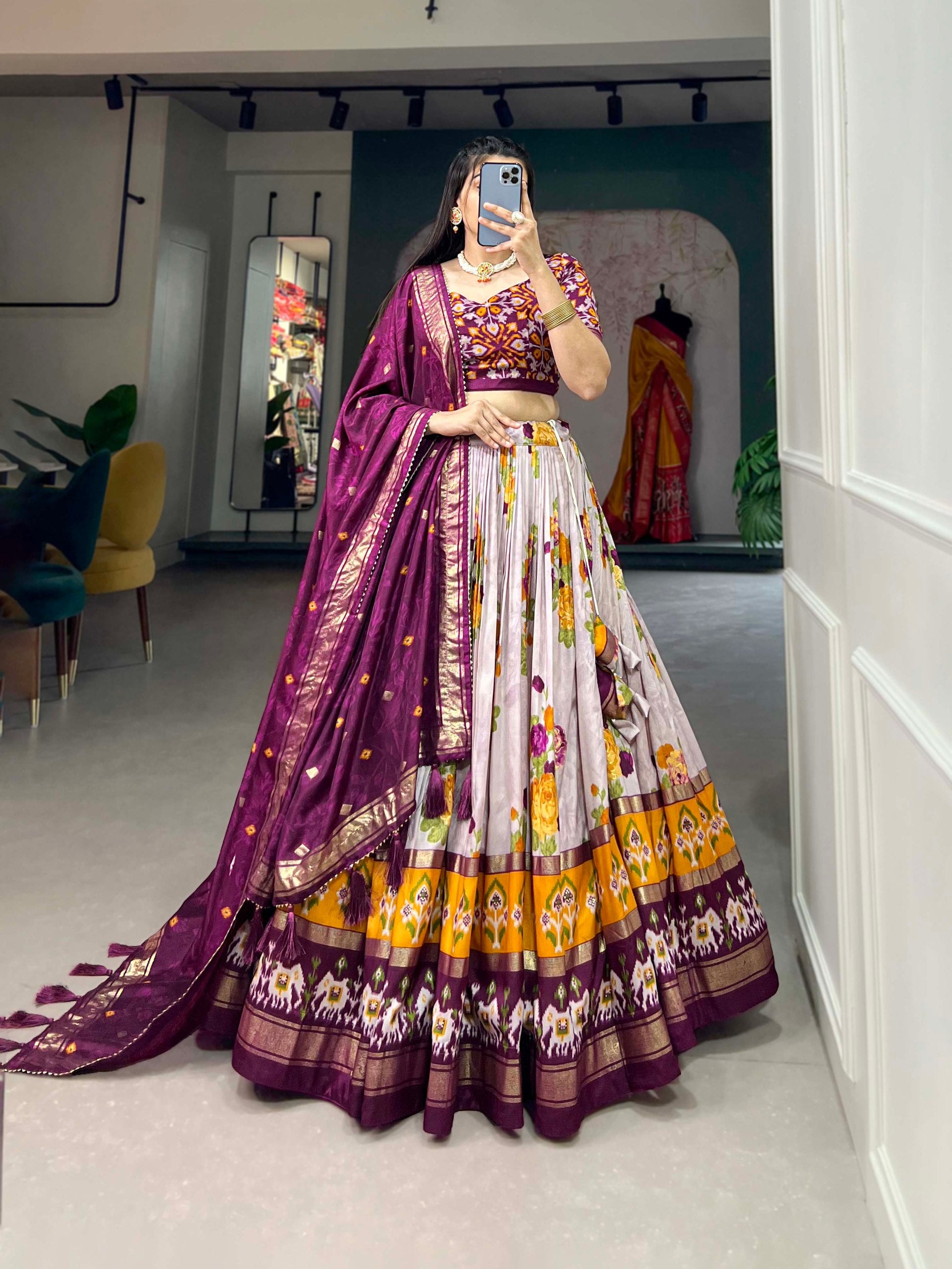 Traditional Multi-Print Lehenga Choli with Elephant Border and Dupatta