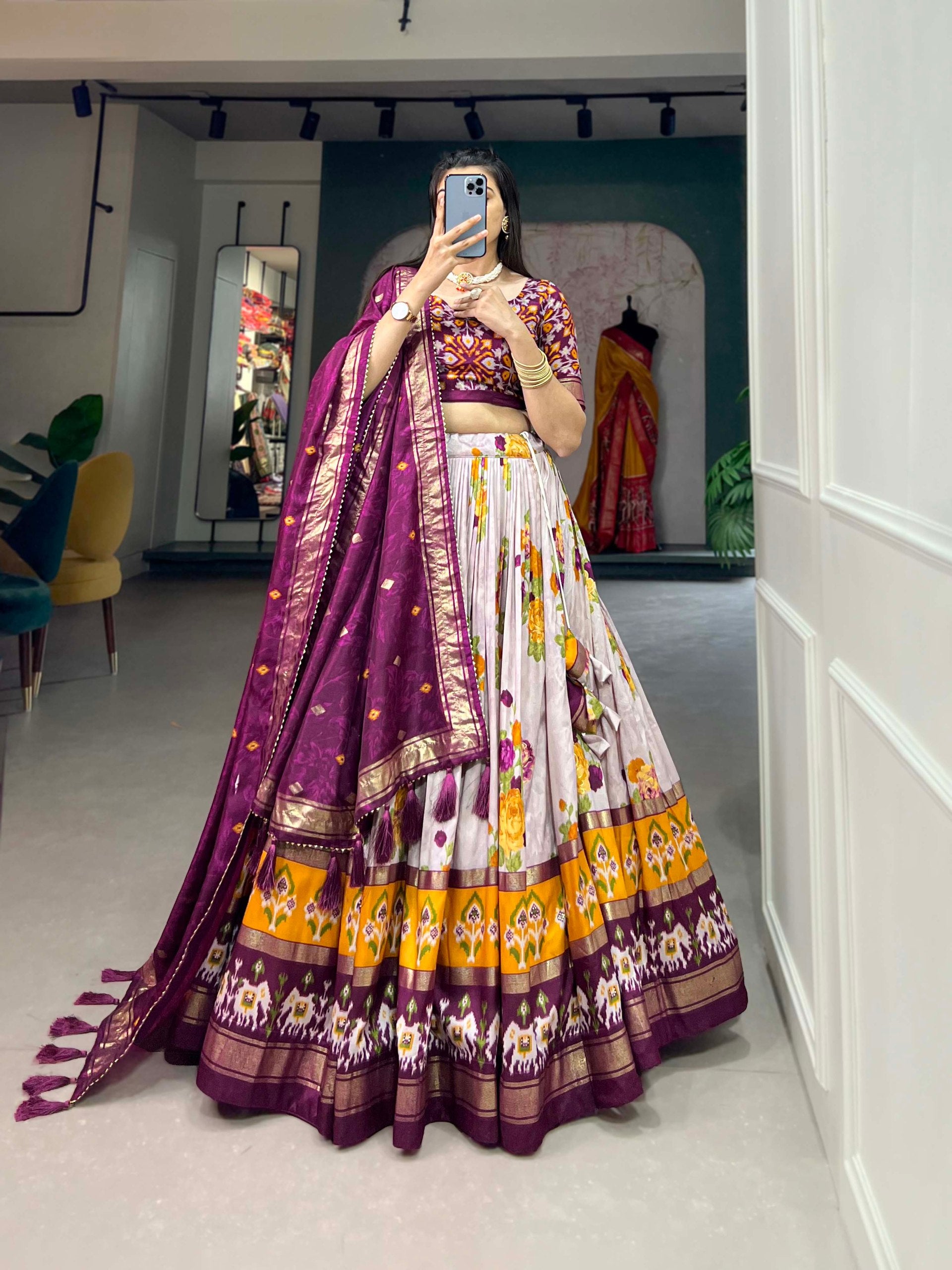 Traditional Multi-Print Lehenga Choli with Elephant Border and Dupatta