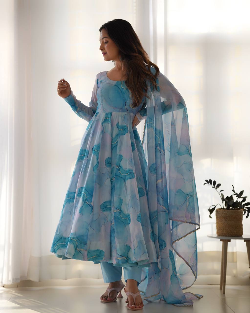 Aqua Sky Blue Watercolor Anarkali Set