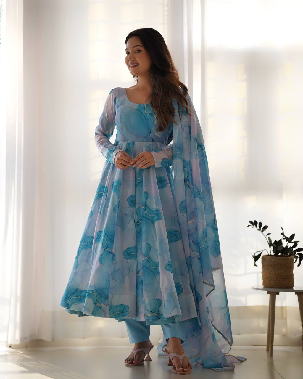 Aqua Sky Blue Watercolor Anarkali Set