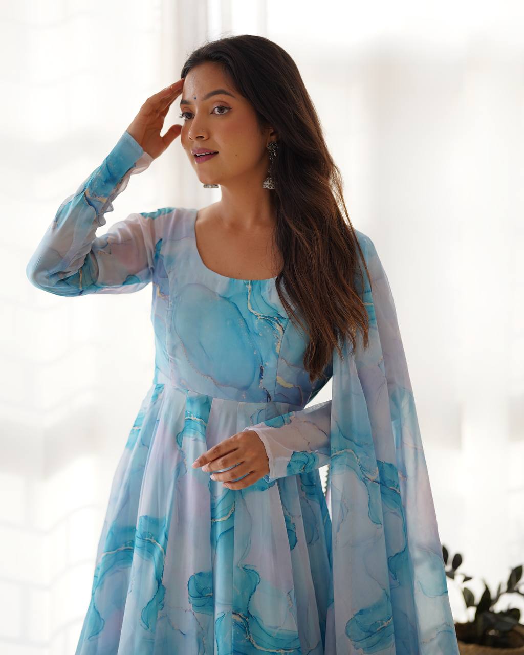 Aqua Sky Blue Watercolor Anarkali Set