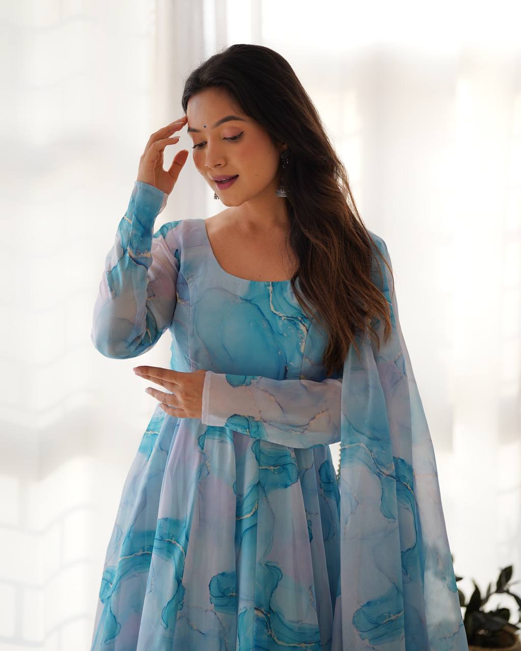 Aqua Sky Blue Watercolor Anarkali Set