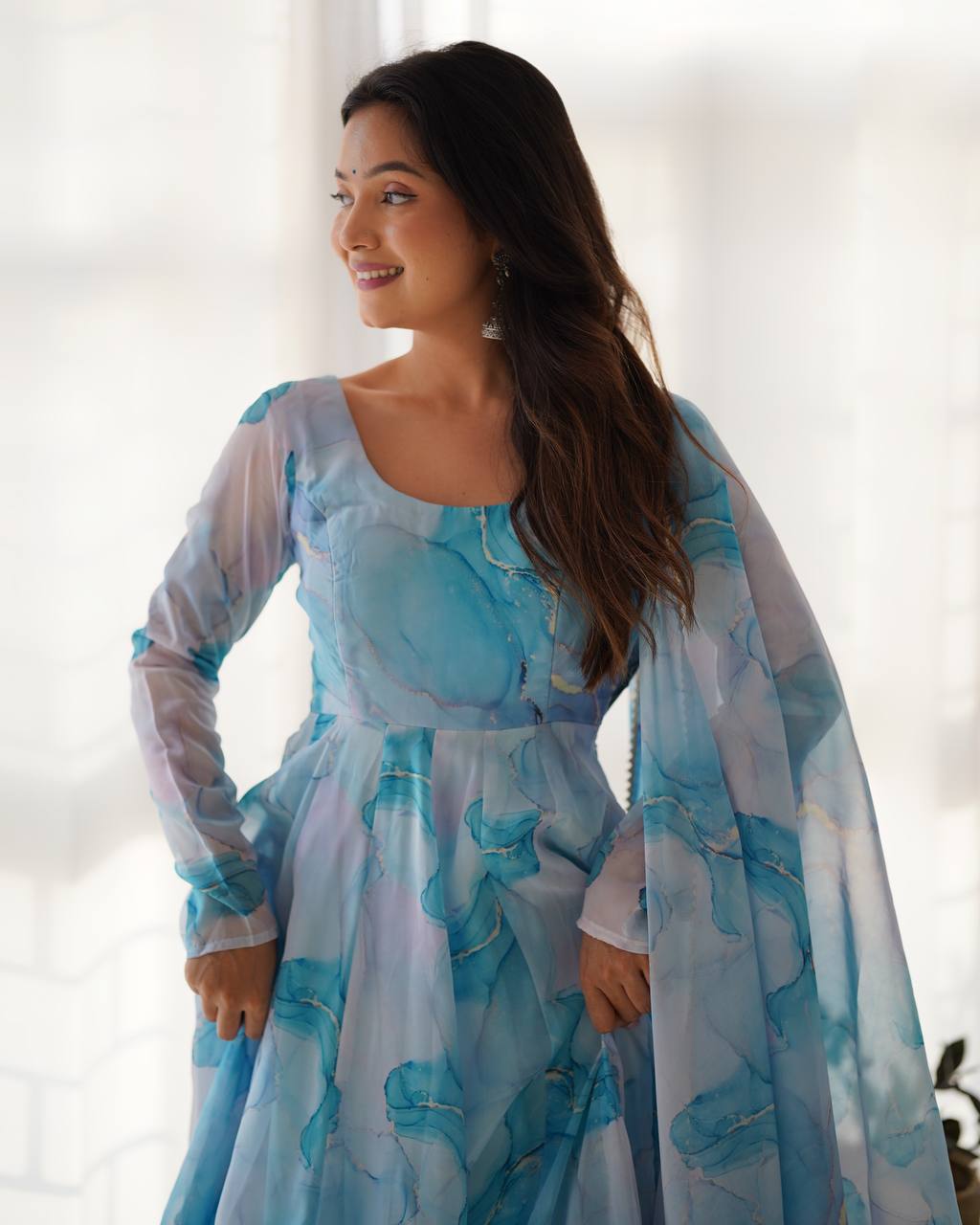 Aqua Sky Blue Watercolor Anarkali Set