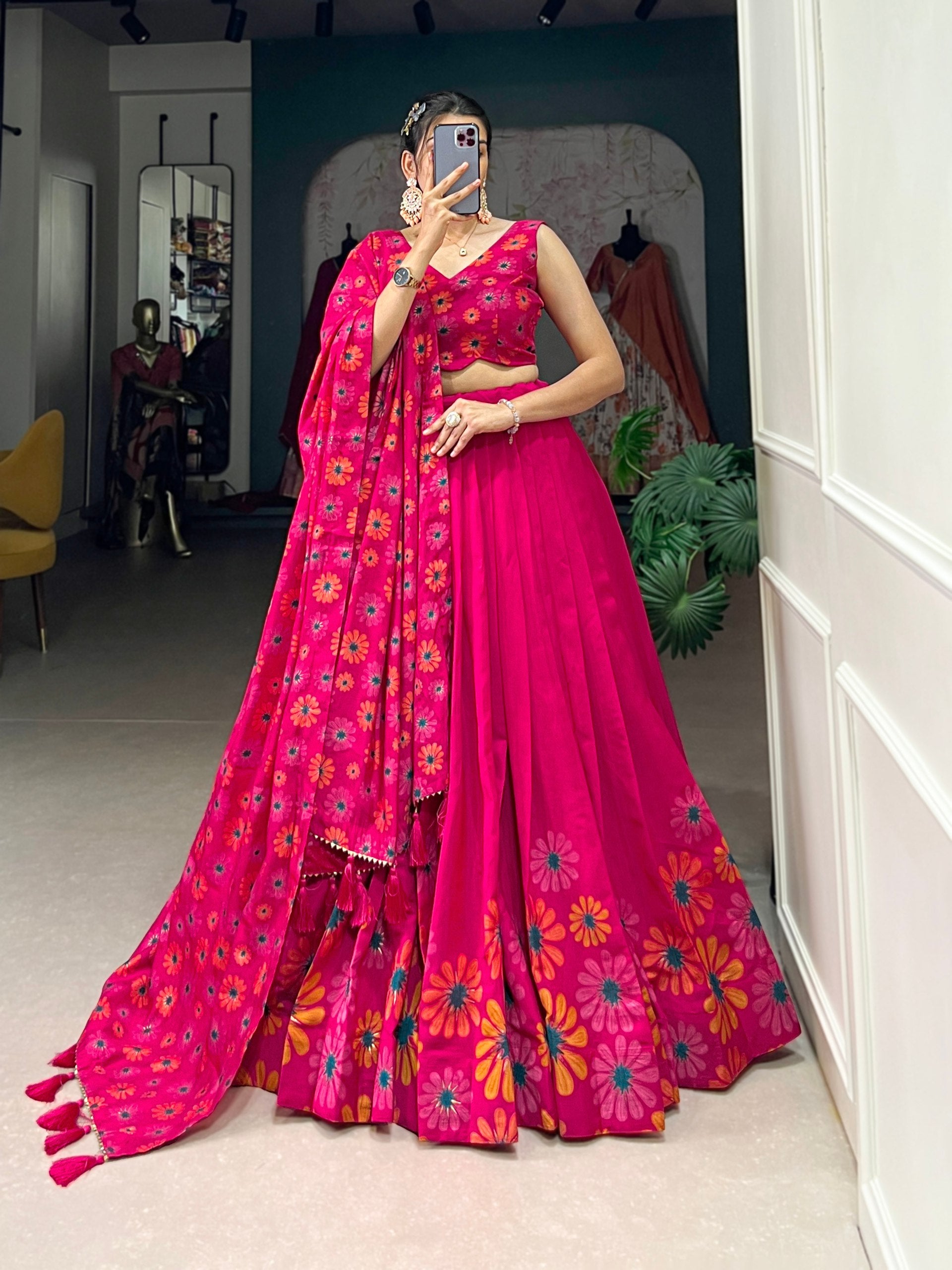 Floral Printed Sleeveless Lehenga Choli Set with Dupatta