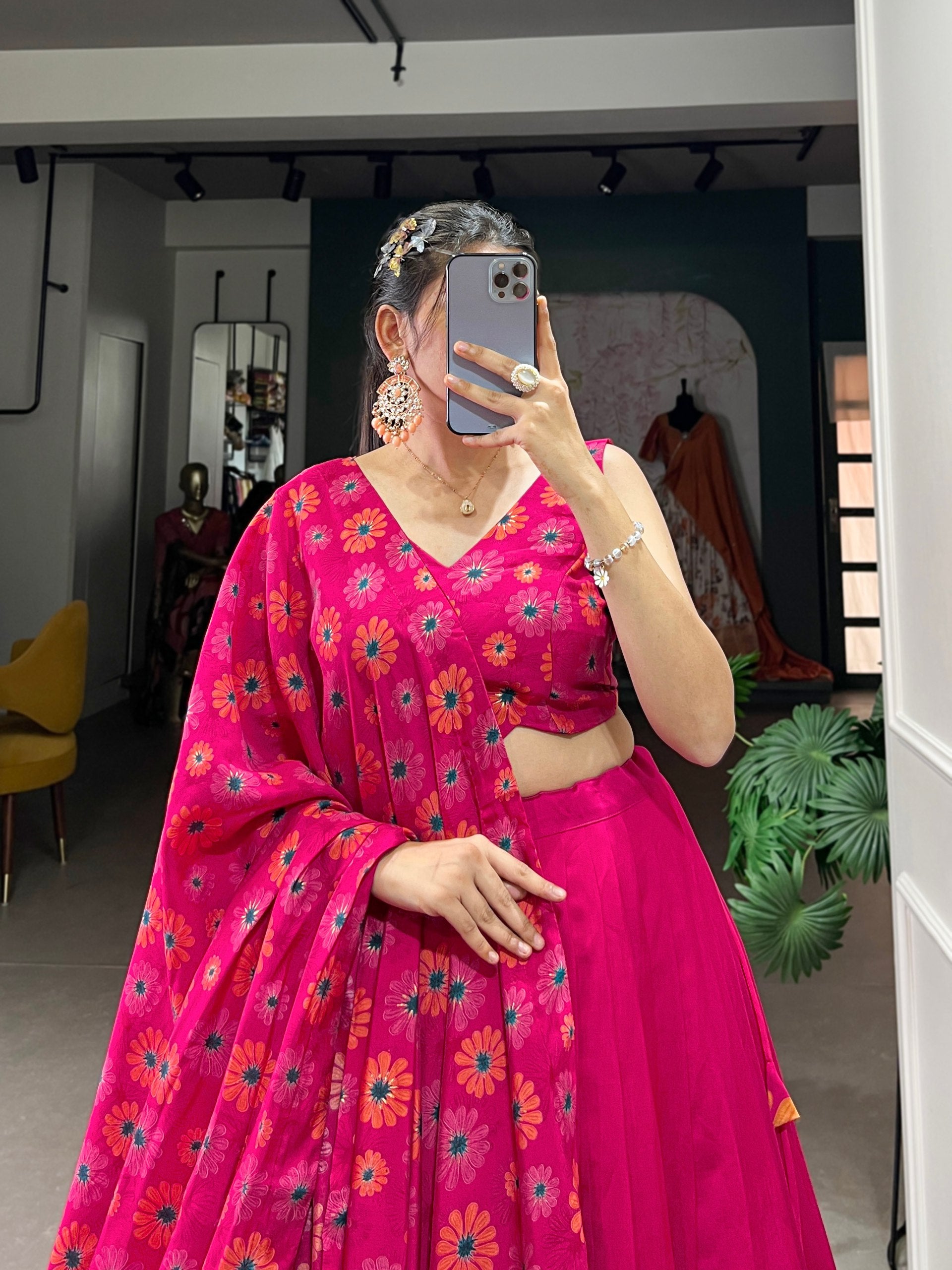 Floral Printed Sleeveless Lehenga Choli Set with Dupatta