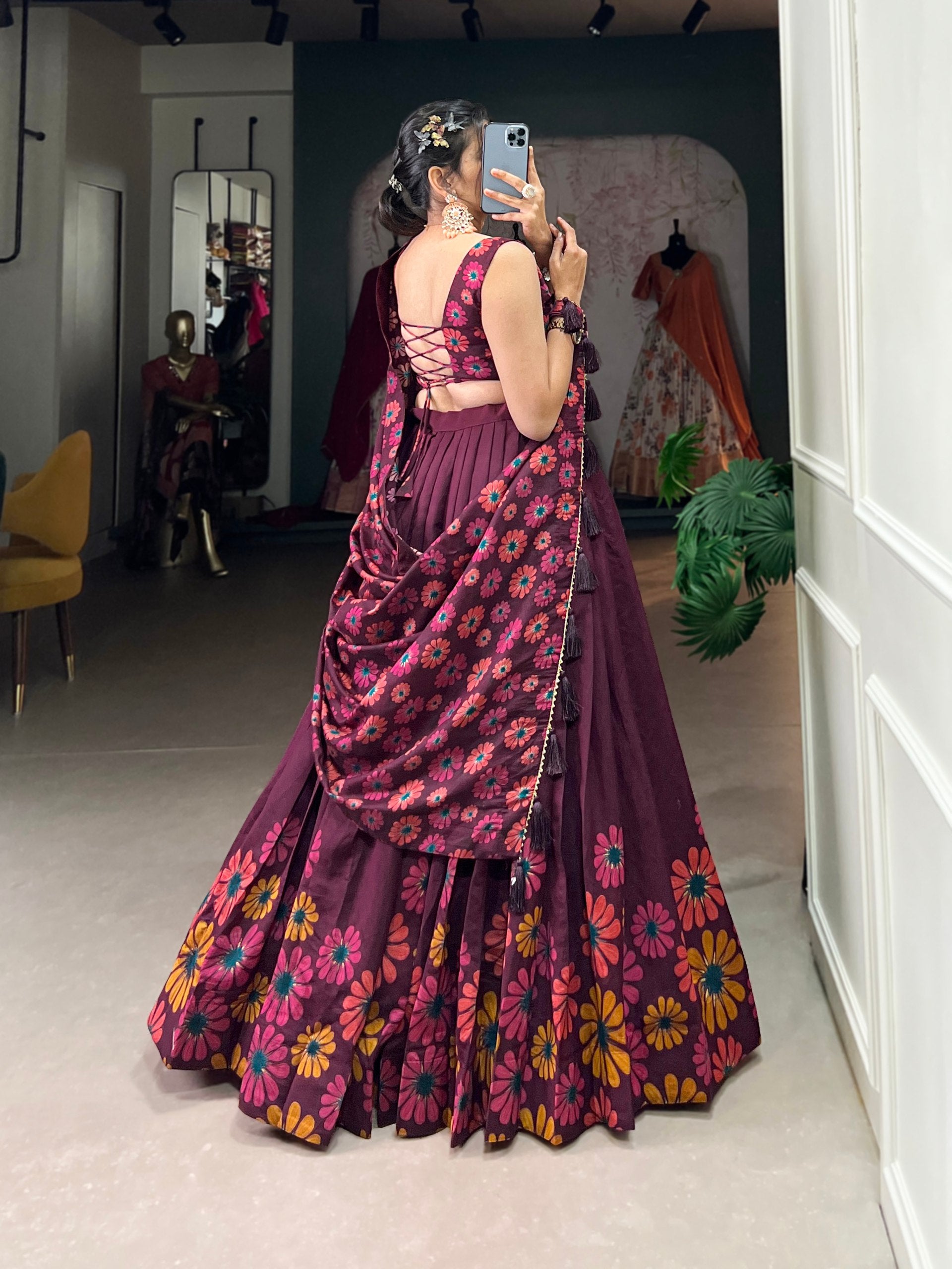 Floral Printed Sleeveless Lehenga Choli Set with Dupatta