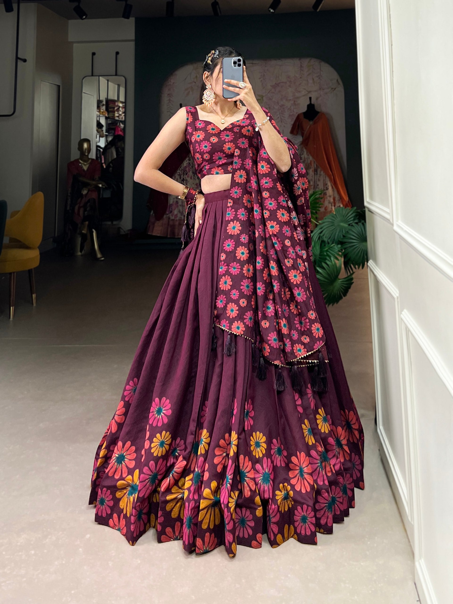 Floral Printed Sleeveless Lehenga Choli Set with Dupatta