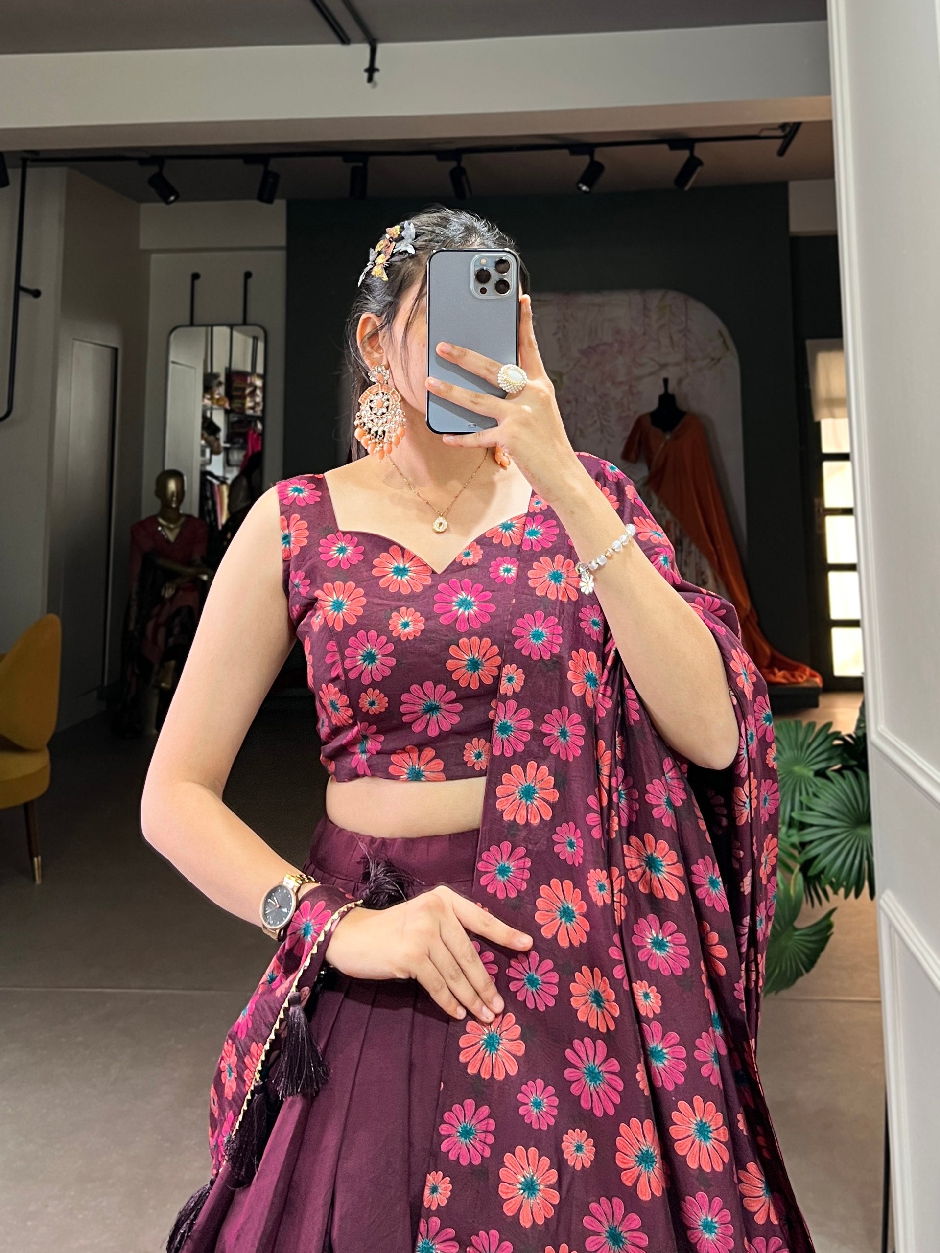 Floral Printed Sleeveless Lehenga Choli Set with Dupatta