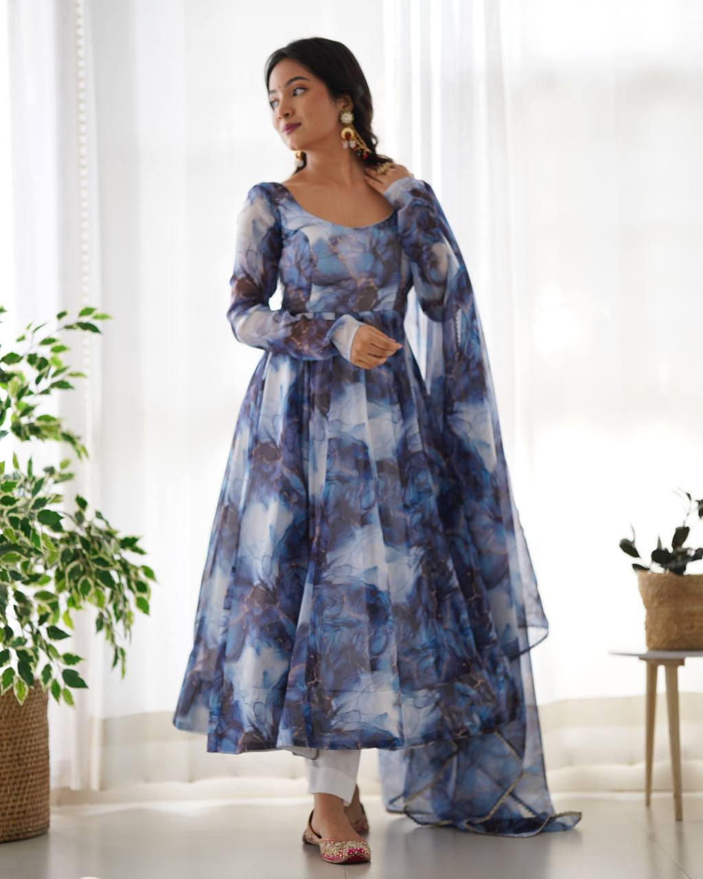 Blue Marble Print Anarkali Suit with Dupatta