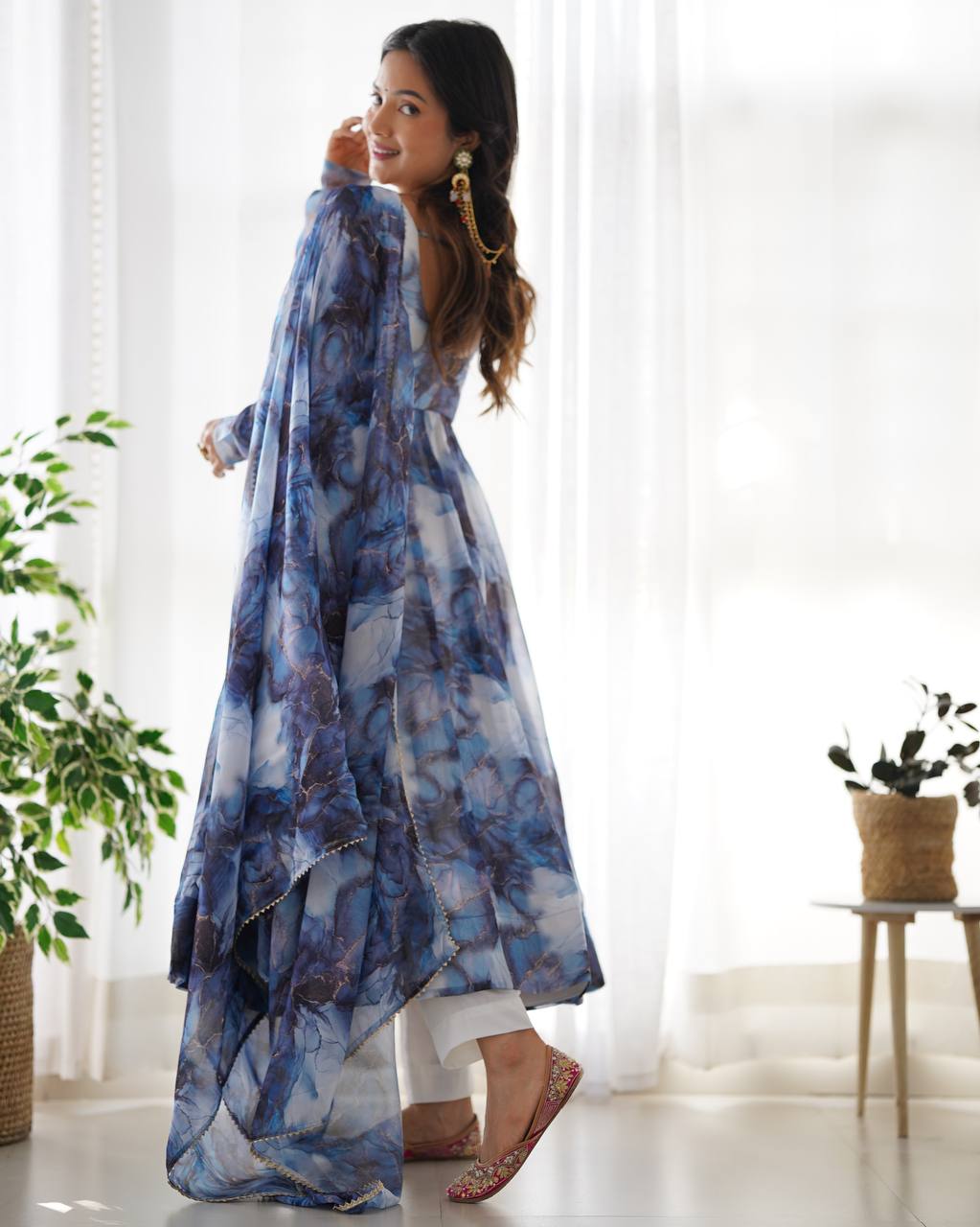 Blue Marble Print Anarkali Suit with Dupatta
