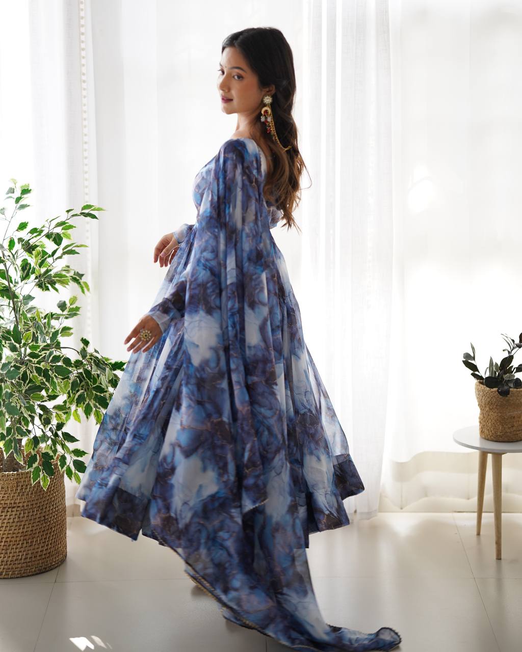 Blue Marble Print Anarkali Suit with Dupatta