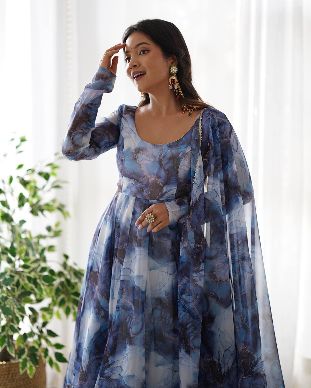 Blue Marble Print Anarkali Suit with Dupatta
