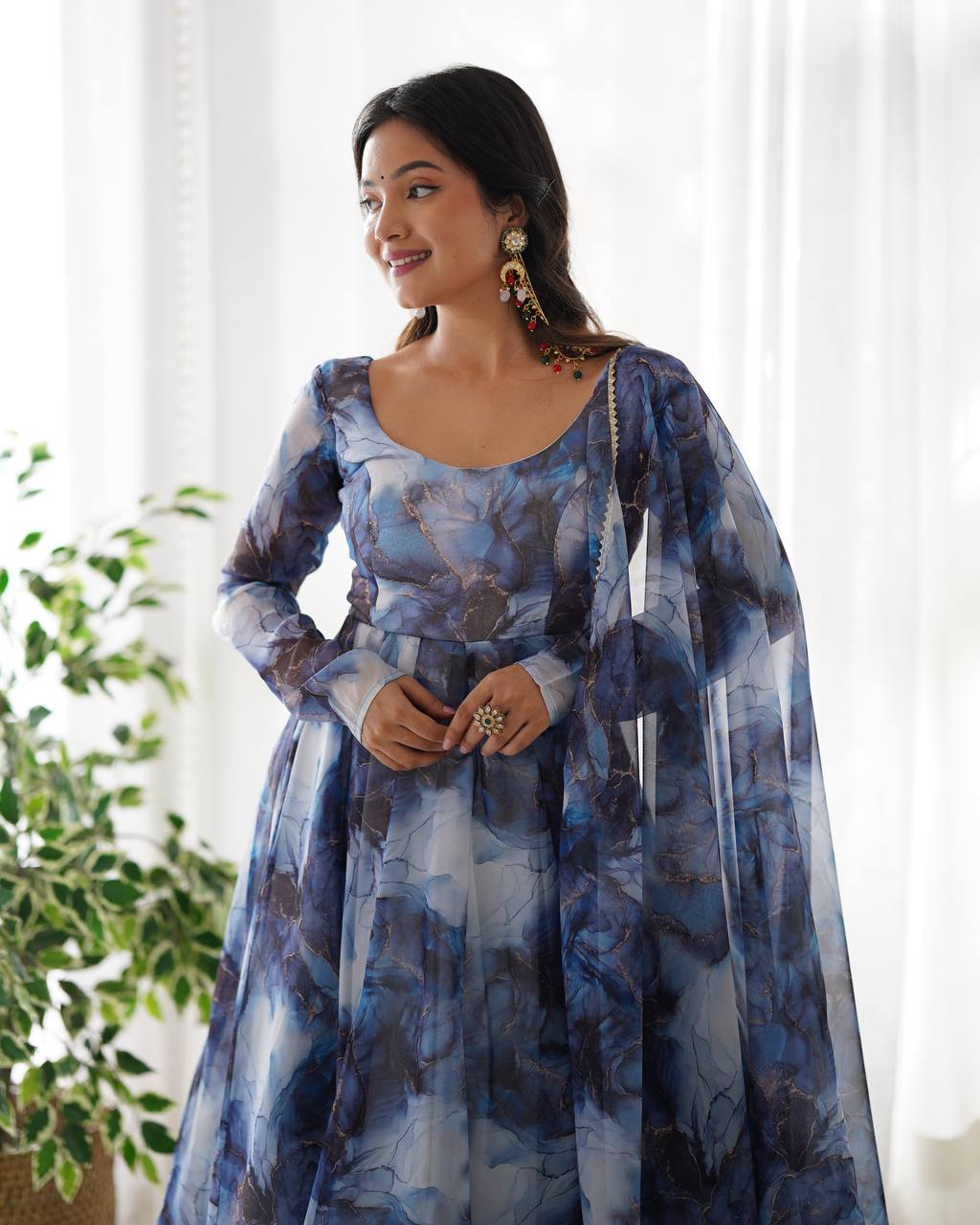Blue Marble Print Anarkali Suit with Dupatta