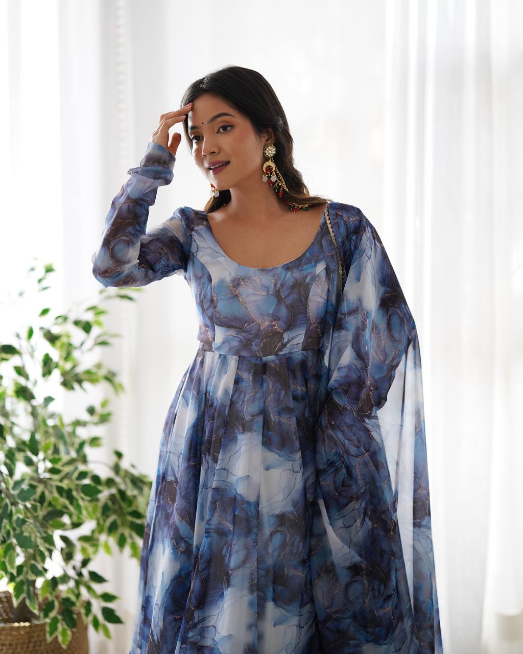 Blue Marble Print Anarkali Suit with Dupatta