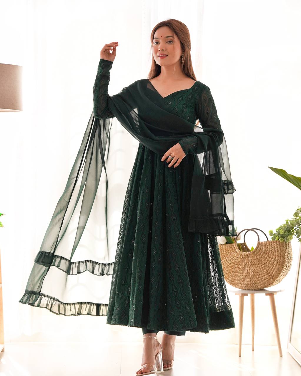 Emerald Green Georgette Flared Anarkali Suit with Dupatta
