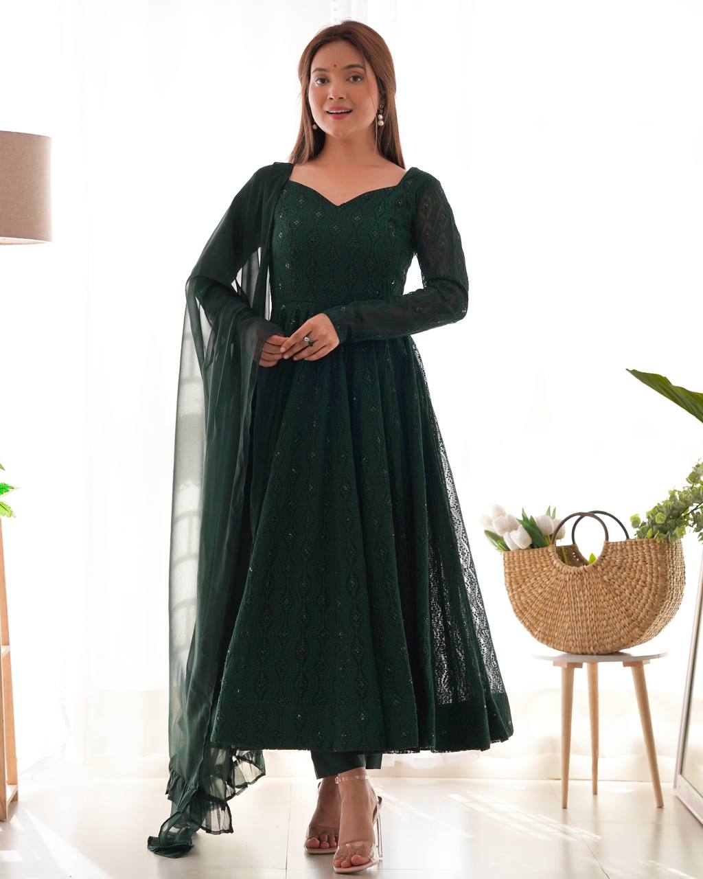 Emerald Green Georgette Flared Anarkali Suit with Dupatta