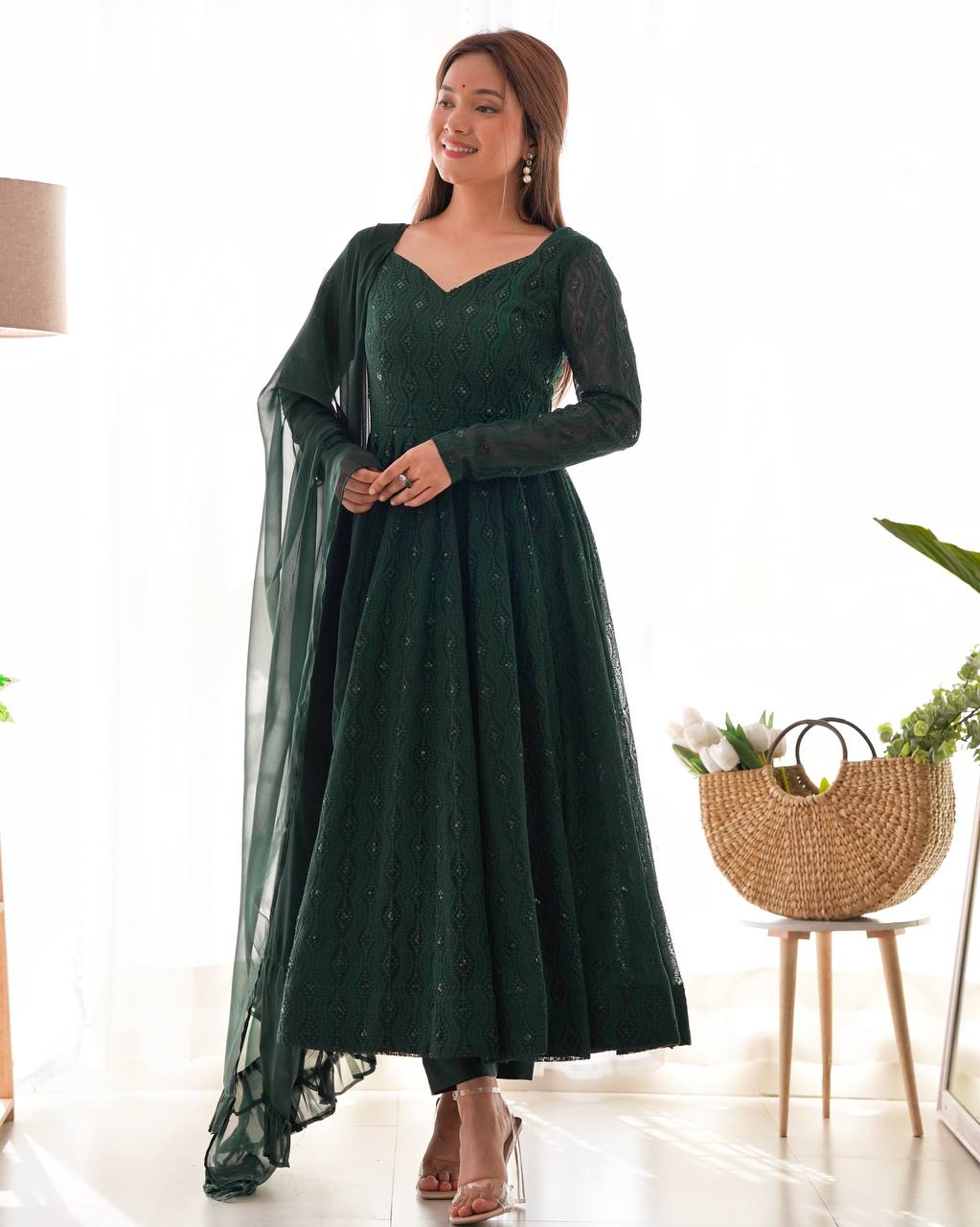 Emerald Green Georgette Flared Anarkali Suit with Dupatta