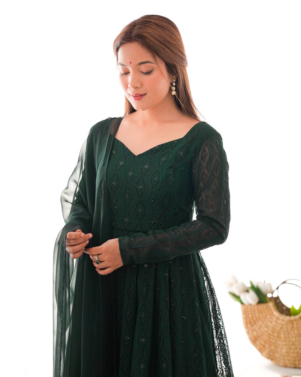 Emerald Green Georgette Flared Anarkali Suit with Dupatta